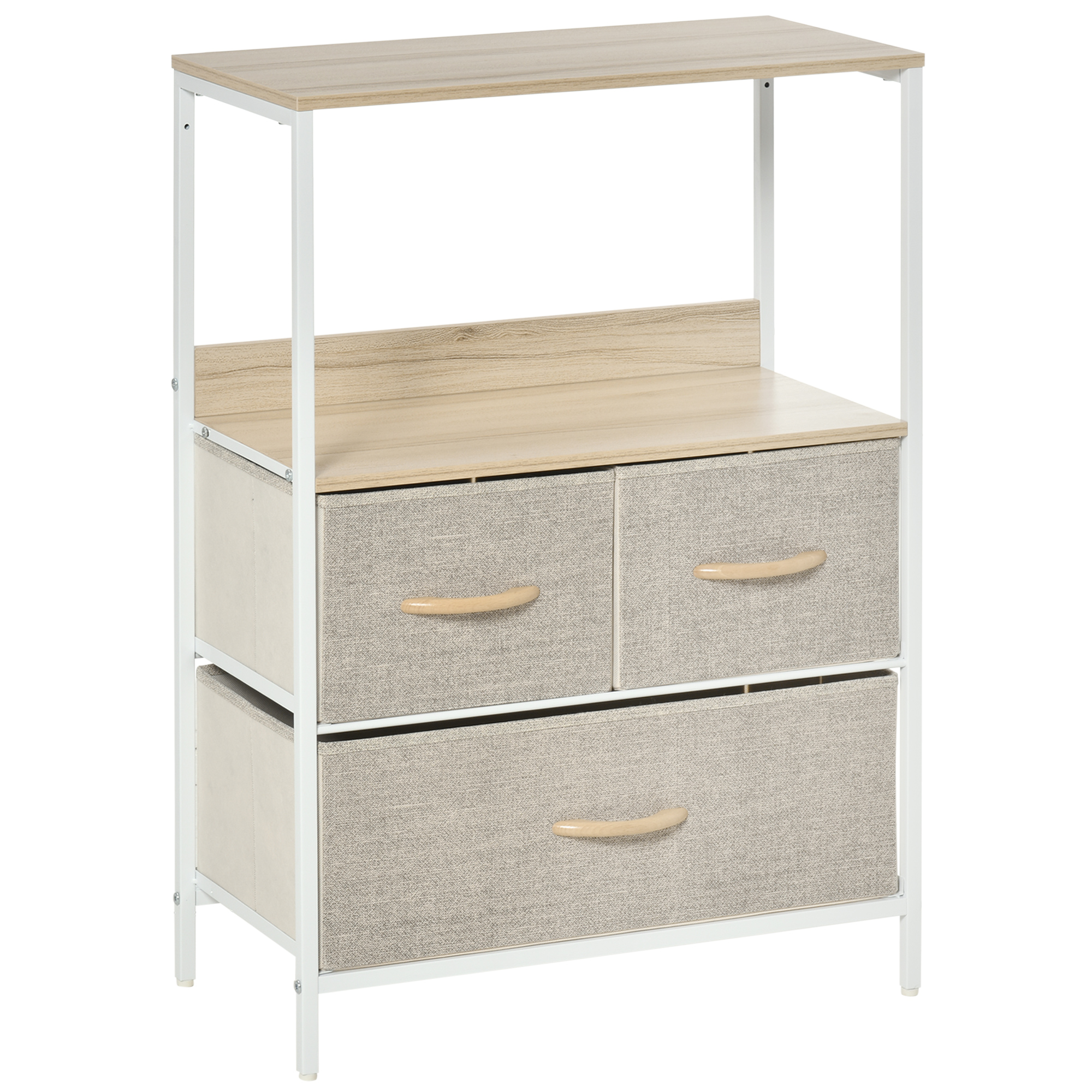 Meuble Rangement Bois Naturel Métal Blanc 3 Tiroirs Tissu Étagère