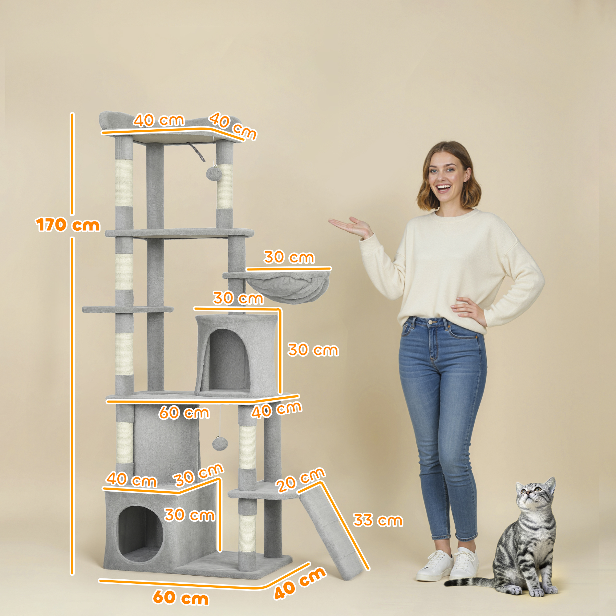 Kassi kraapimispost, 170 cm, tunnel, koopad, suur alus, sisalist postid, helehall