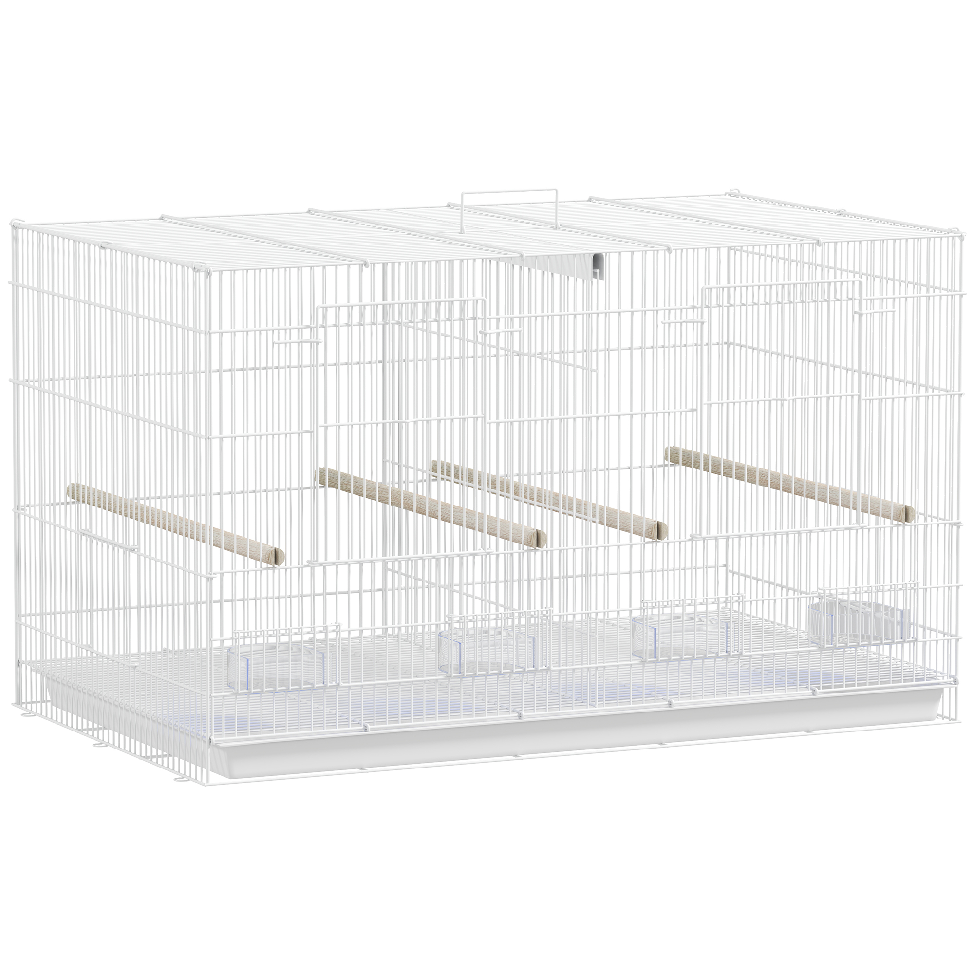PawHut Cage à Oiseaux Volière Intérieur Acier avec Séparateur, 4 Perchoirs, Plateau Coulissant, 4 Mangeoires, 76x46x46cm, Blanc