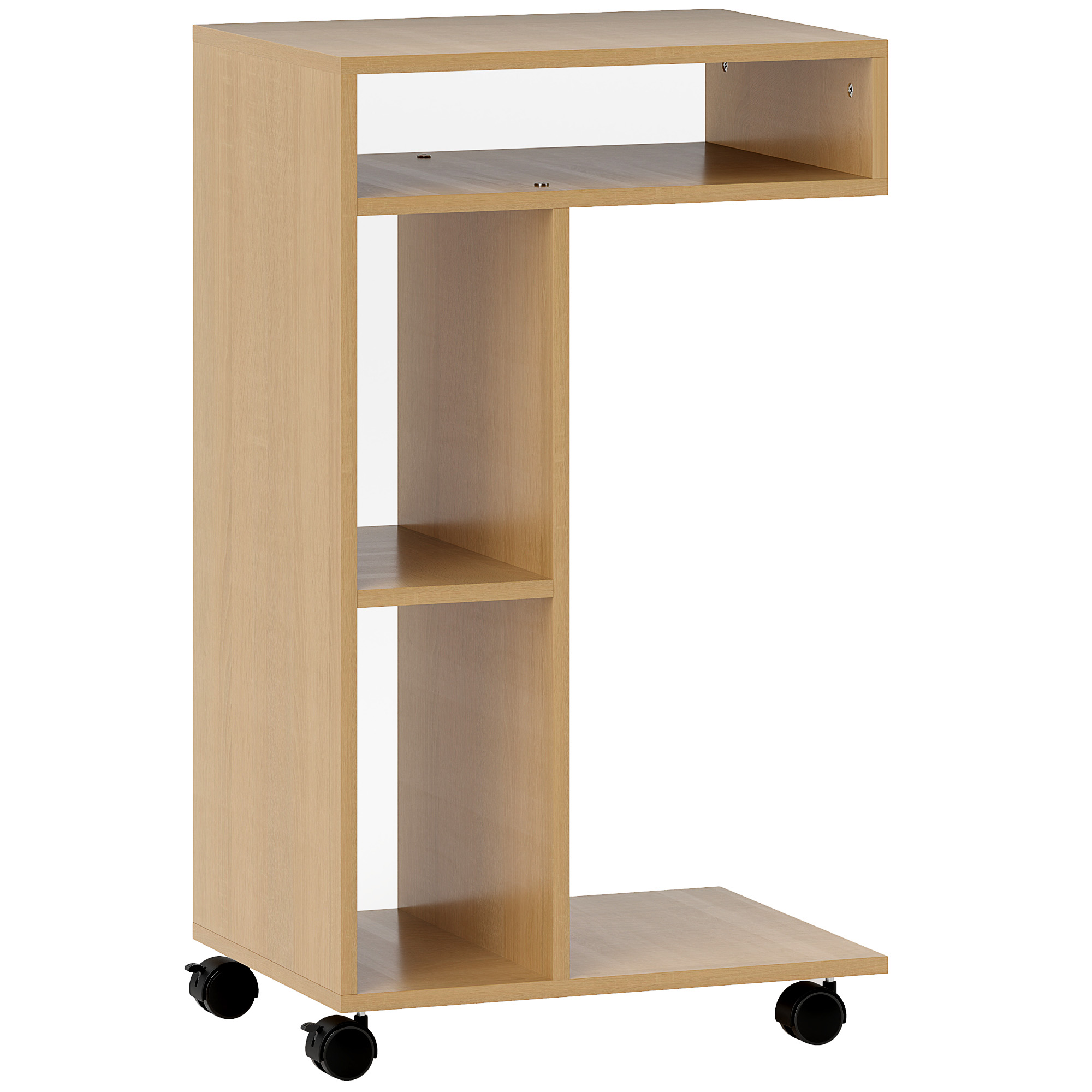 homcom mesa auxiliar para sofa mesa auxiliar en forma de c con ruedas compartimentos abiertos 40x30x69 cm roble