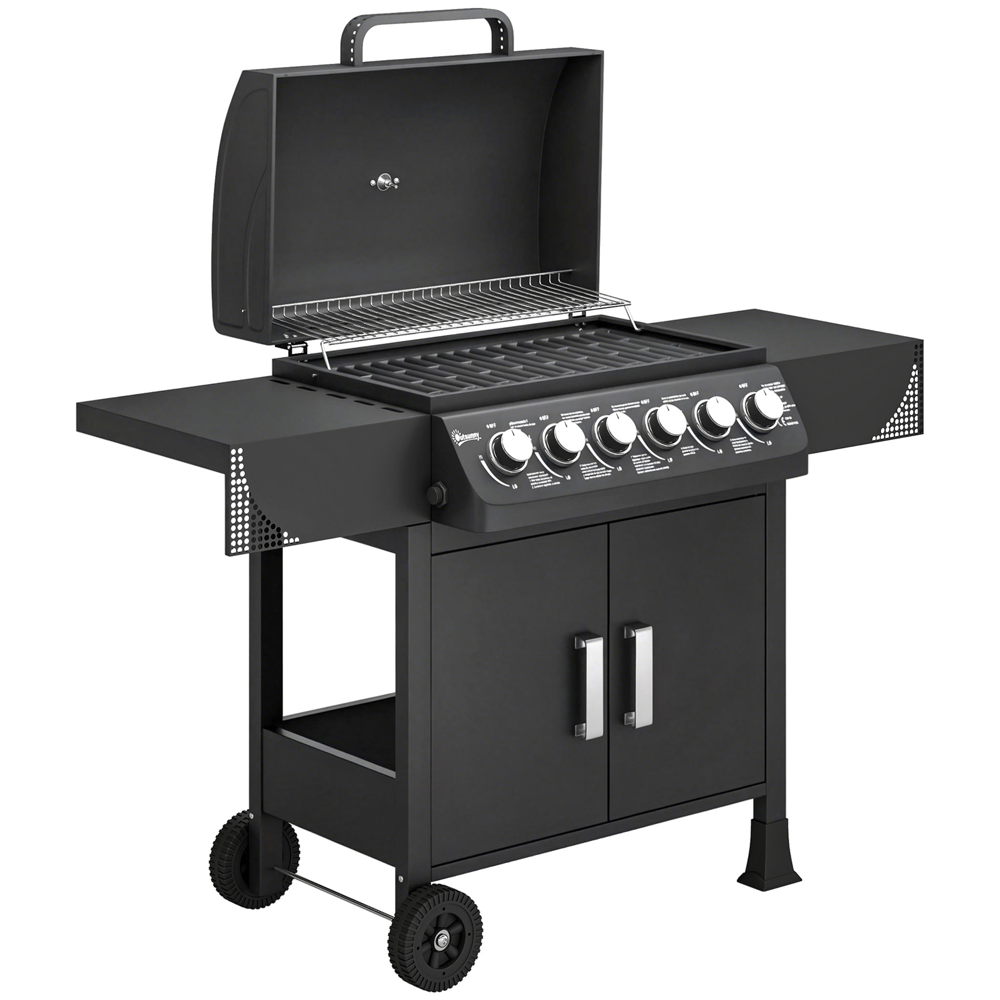Outsunny Barbacoa de Gas con 6 Quemadores 15 kW Termómetro Parrilla Mesas Laterales Armario y Ruedas 135x51x101 cm Negro