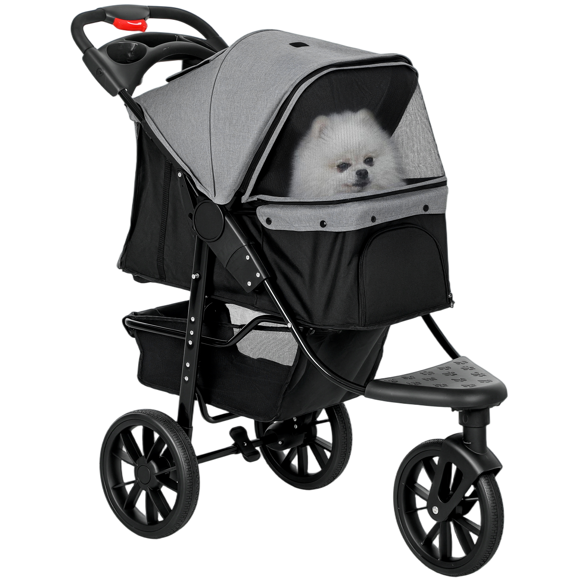 PawHut 2 in 1 Passeggino per Cani Pieghevole a 3 Ruote con Freno, Cestino Portaoggetti e Porta Bottiglia, in Acciaio e Oxford, Grigio e Nero, 109.5x57.5x106.5cm