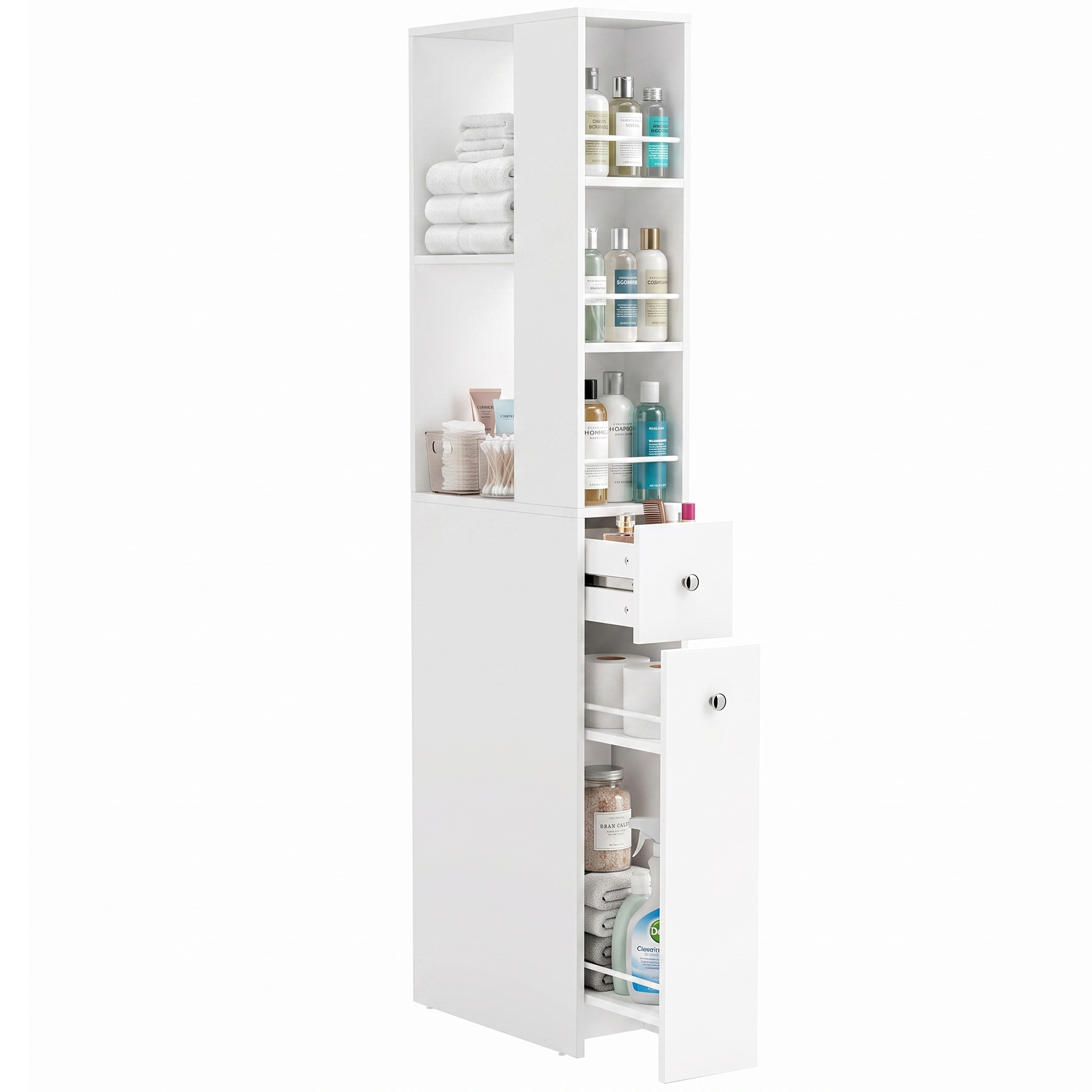 HOMCOM Hoge slanke badkamerkast 135 cm met 2 lades, 2 zijplanken, 3 vakken, 18x40x135 cm, Wit