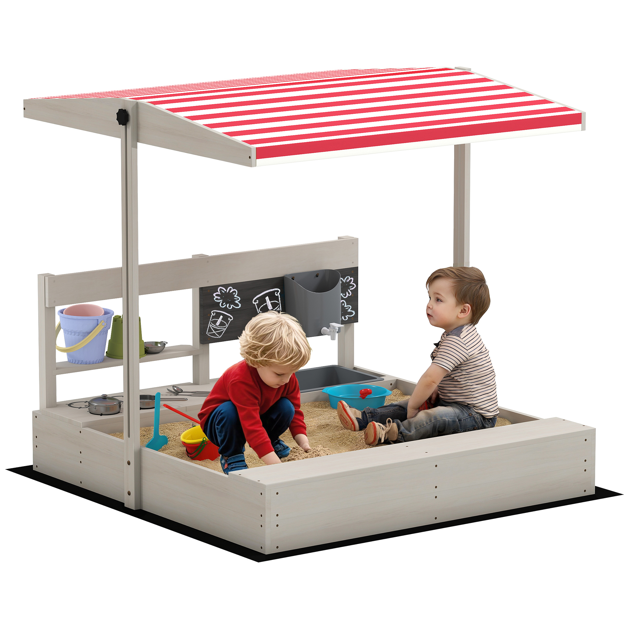 Outsunny Arenero de Madera para Niños con Techo Regulable con Juguetes de Cocina Juego para Niños de 3-7 Años 114x110x110 cm Gris | Aosom España