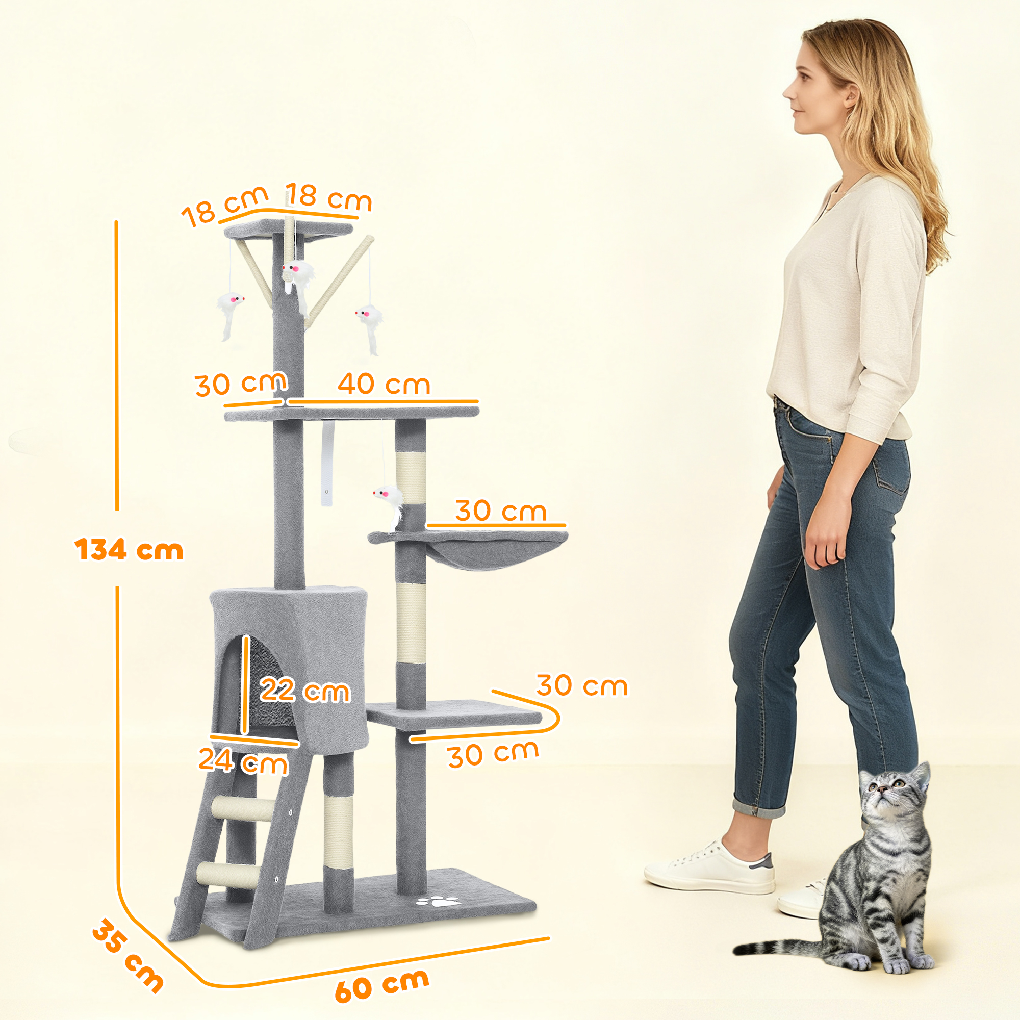 Kassipuu koopaga, 4 mänguasja, sisalist postid, suur platvorm, trepp, kassidele alla 5 kg, hall
