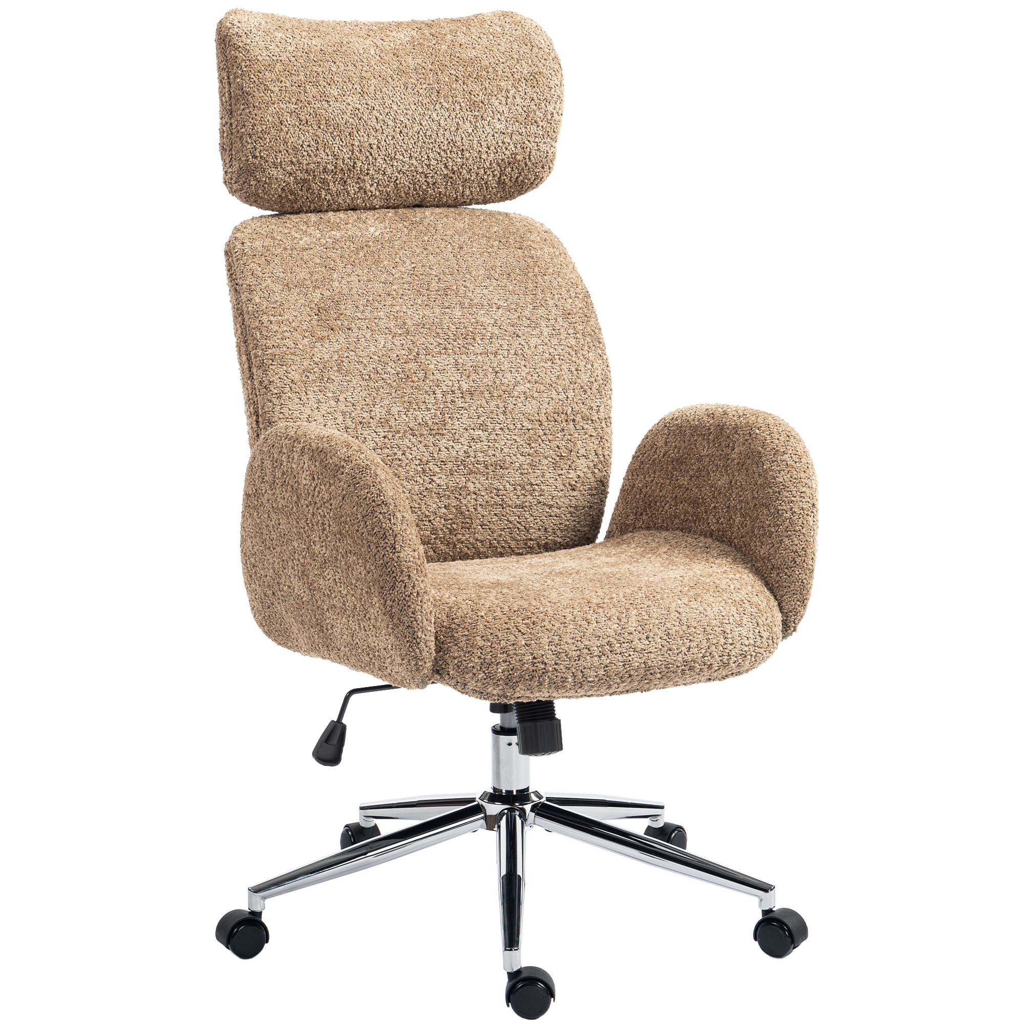 HOMCOM Schreibtischstuhl Homeoffice Stuhl mit Armlehne, verstellbarer Kopfstütze, höhenverstellbarer Drehstuhl mit Wippfunktion, Bouclé-Optik, Bürostuhl für Schlafzimmer, Arbeitszimmer, Braun Aosom