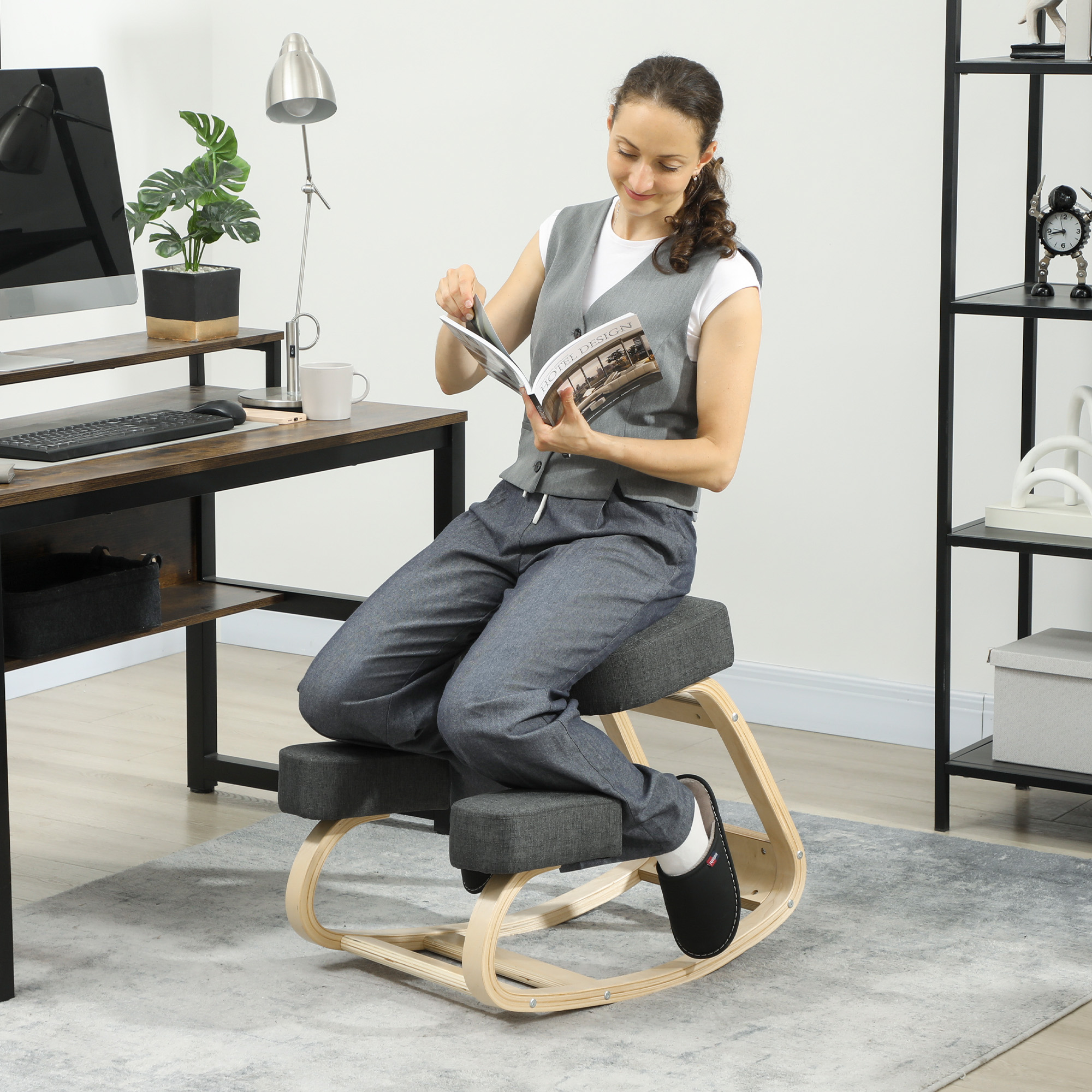 Põlvitustooli, ergonoomiline taburet, polsterdatud taburet tervisliku rühi jaoks, kasepuit, kandevõime 120 kg, tumehall