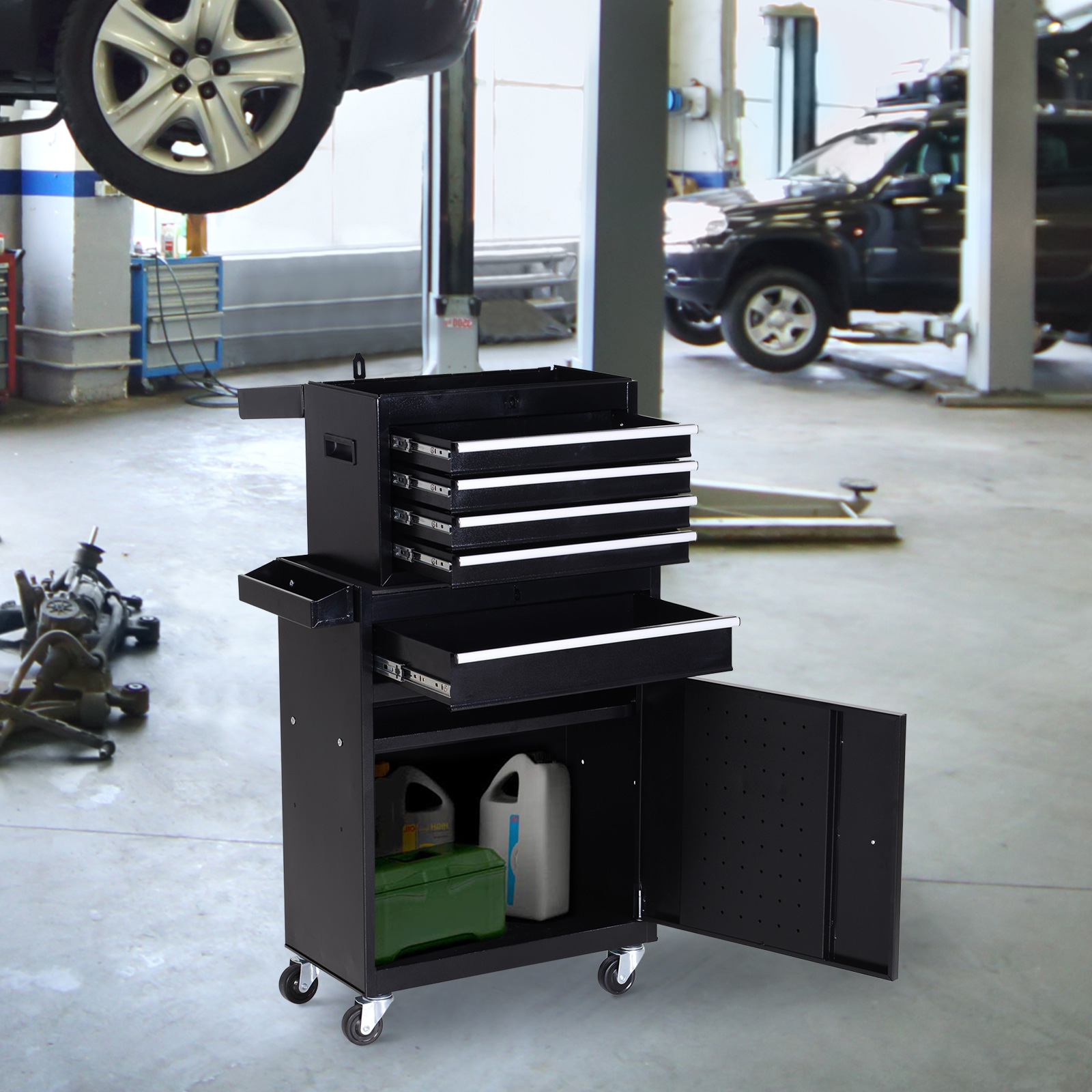 DURHAND Tool Chest 2 in 1 Metal Tool Cabinet Storage Box with 5 Drawers Pegboard Wheels 60x28x104.5cm Black DURHAND Tool Chest 2 in 1 Metal Tool Cabinet Storage Box with 5 Drawers Pegboard Wheels 60x28x104.5cm Black