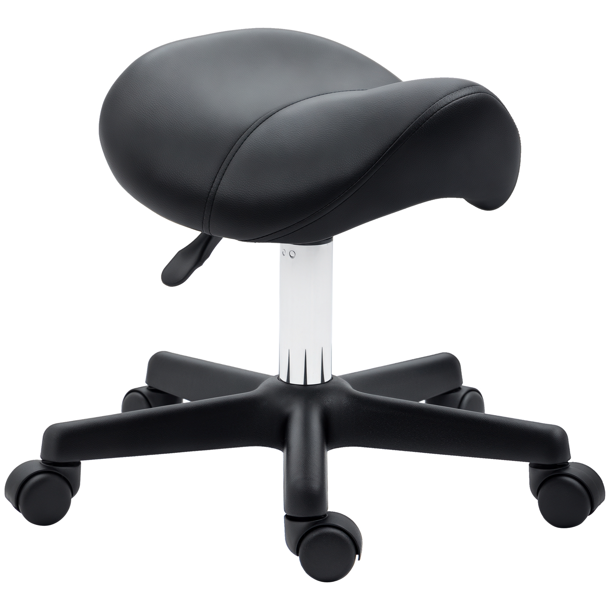 HOMCOM Saddle Stool, PU Leather Adjustable Rolling Salon Chair with Steel Frame for Massage, Spa, Beauty and Tattoo, Black HOMCOM Saddle Stool, PU Leather Adjustable Rolling Salon Chair with Steel Frame for Massage, Spa, Beauty and Tattoo, Black