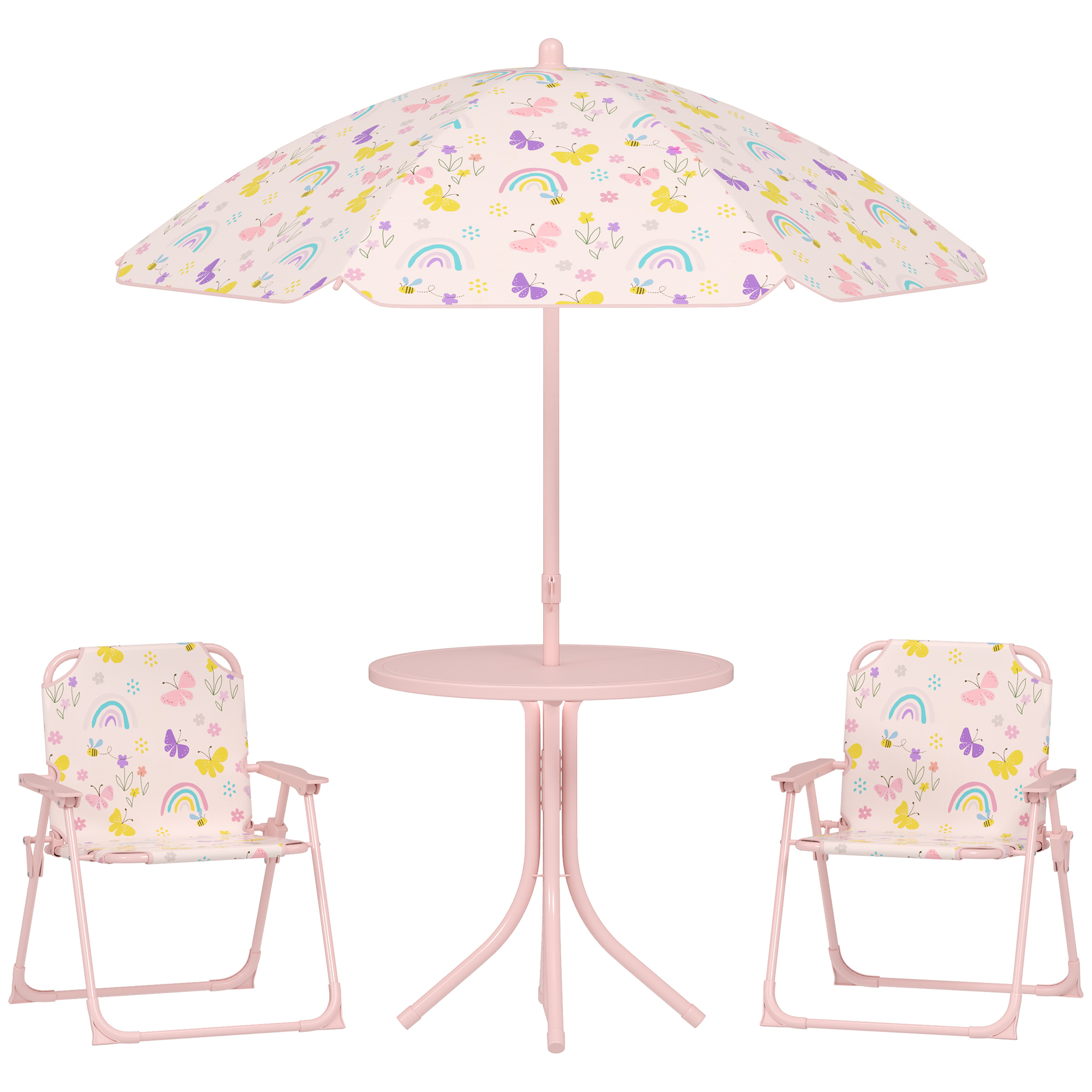AIYAPLAY 4 Pieces Kids Garden Table and Chair Set with Adjustable Parasol, Folding Chairs, Table, Rainbow Pattern, Pink