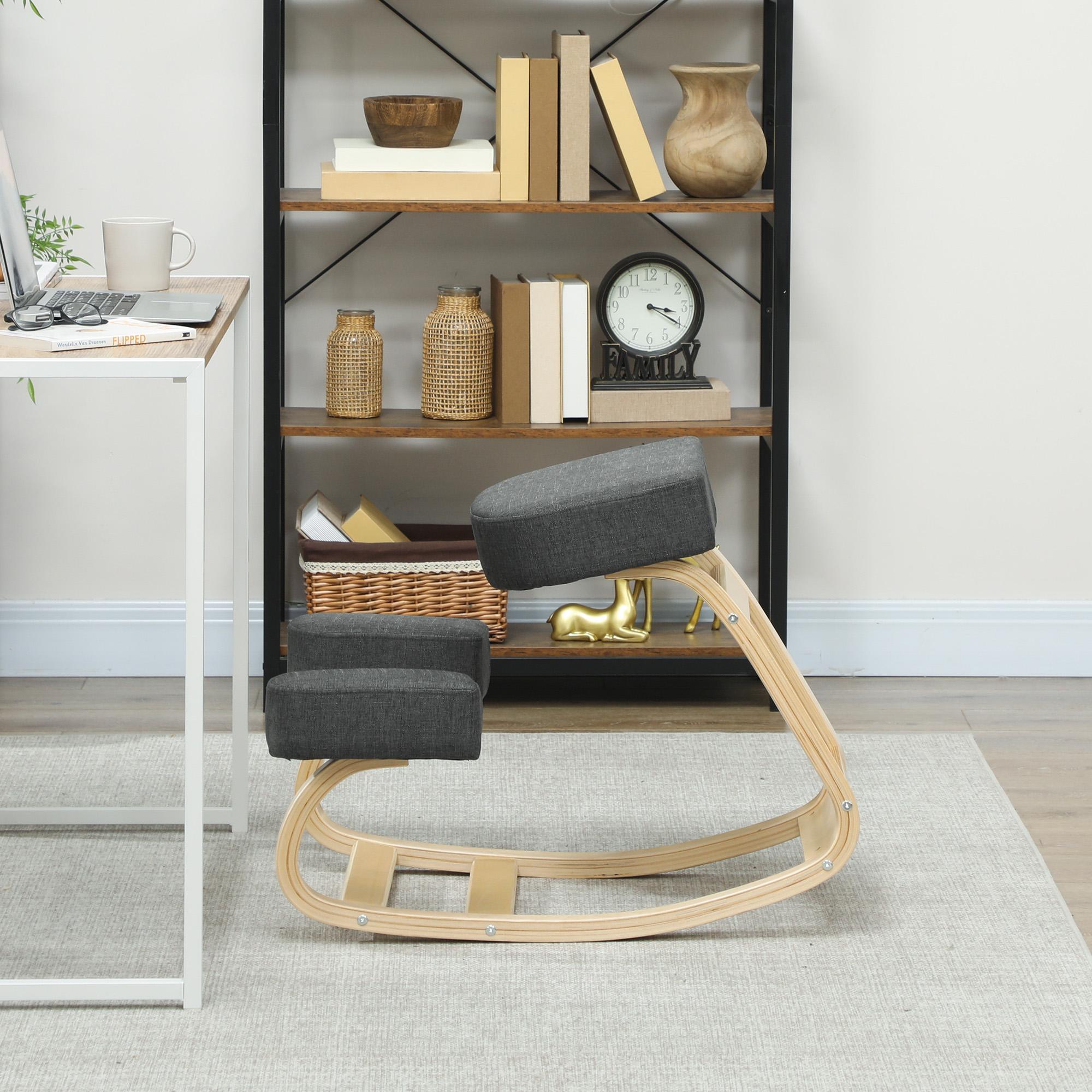 Põlvitustooli, ergonoomiline taburet, polsterdatud taburet tervisliku rühi jaoks, kasepuit, kandevõime 120 kg, tumehall
