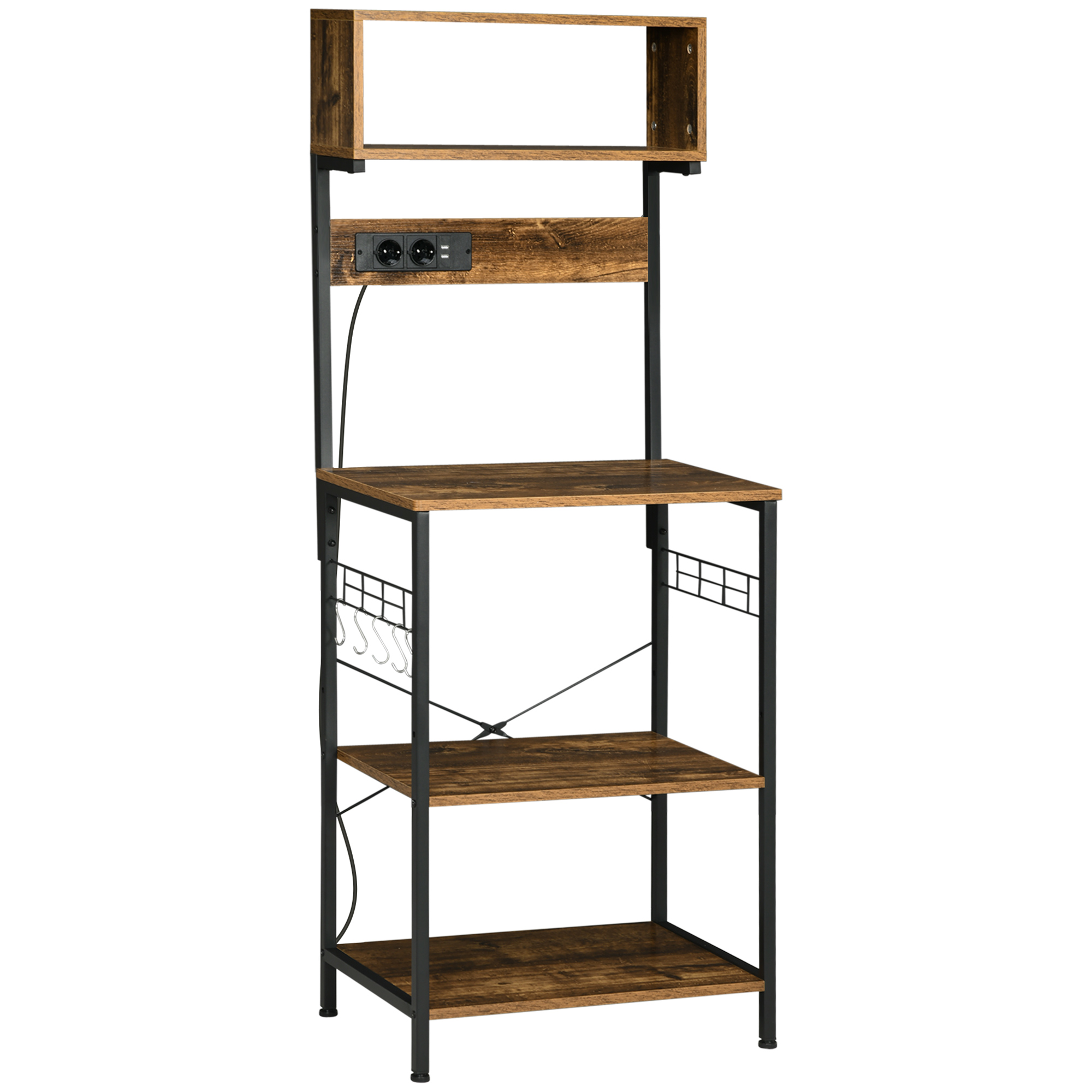HOMCOM Estantería de Cocina Mueble para Microondas con Toma de Corriente 2 Cargadores USB 5 Ganchos 60x42x153 cm Marrón | Aosom España