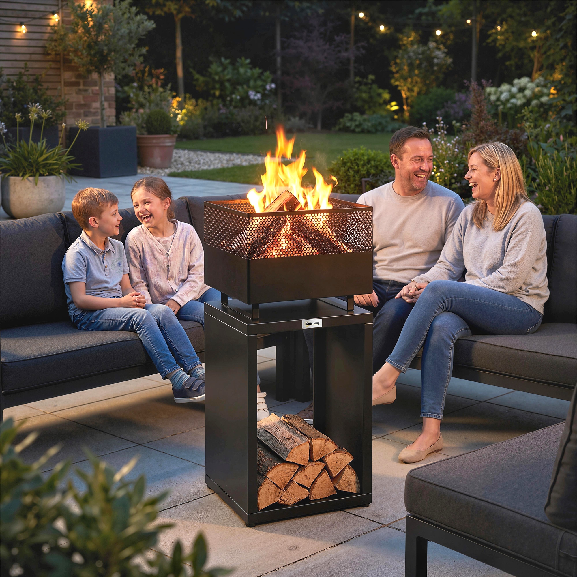 Outsunny Feuerschale 39 x 39 x 87 cm Feuerstelle mit Holzlager Kohlegitter verstellbaren Füßen, Feuerschalen Feuerkorb für Garten, Balkon Terrasse, Outdoor BBQ Camping Schwarz   Aosom
