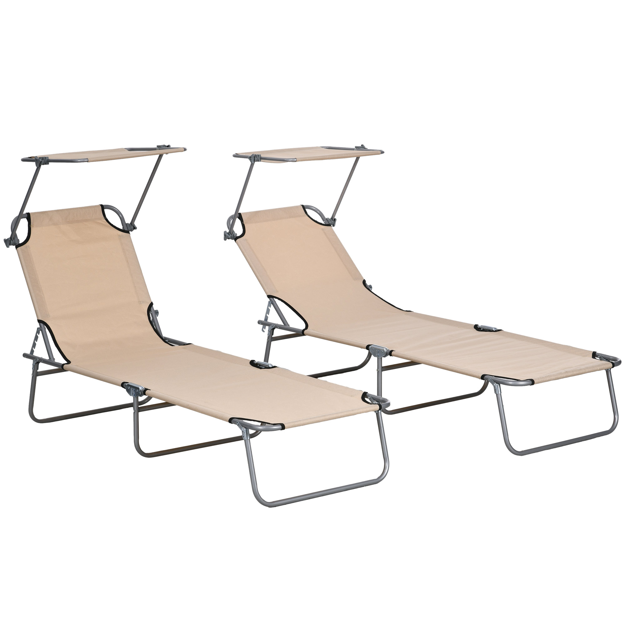 Outsunny Sun Lounger Set of 2, Foldable, 4-Level Adjustable Backrest, Reclining Chair with Sun Shade, for Beach/Garden/Patio, Brown