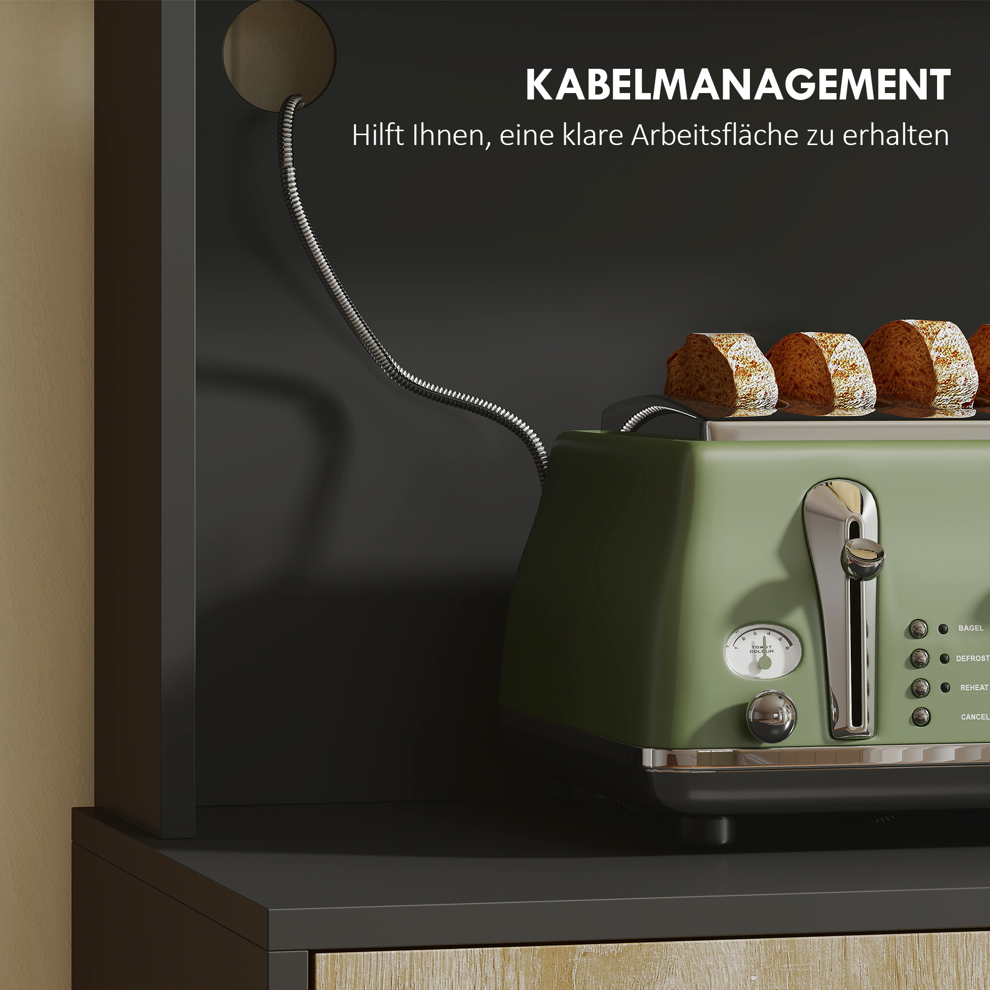 Köögikapp töötasapinna ja kaabliavaga, moodne köögikummut sahtliga, 3 avatud riiulit, naturaalne puit, must