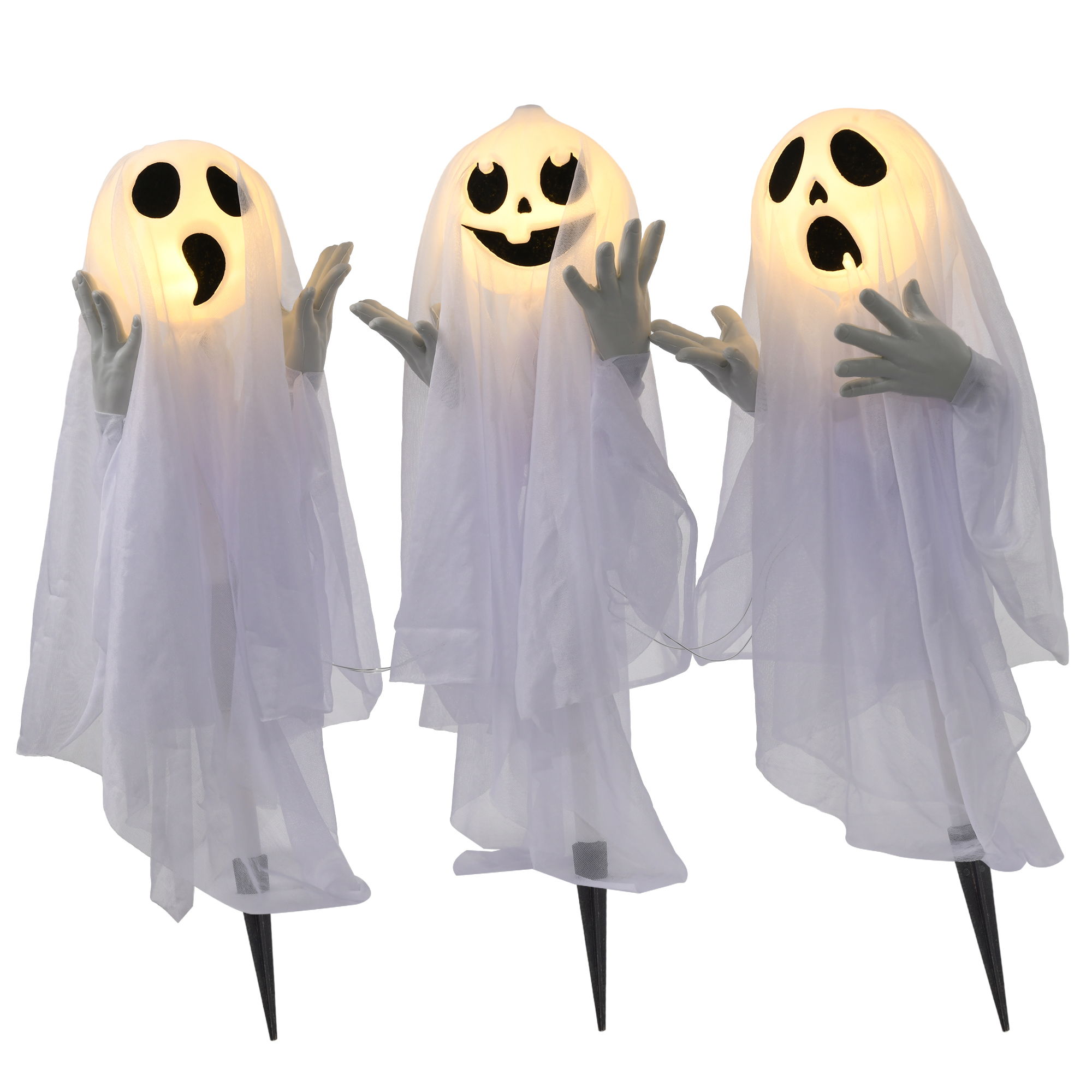 HOMCOM 60cm 3er-Set Halloween Dekoration Halloween-Geister-Hofpfählen mit LED-Lichter verstellbare Arme Halloween-Außendekoration für Rasen, Garten Stahl, Weiß   Aosom