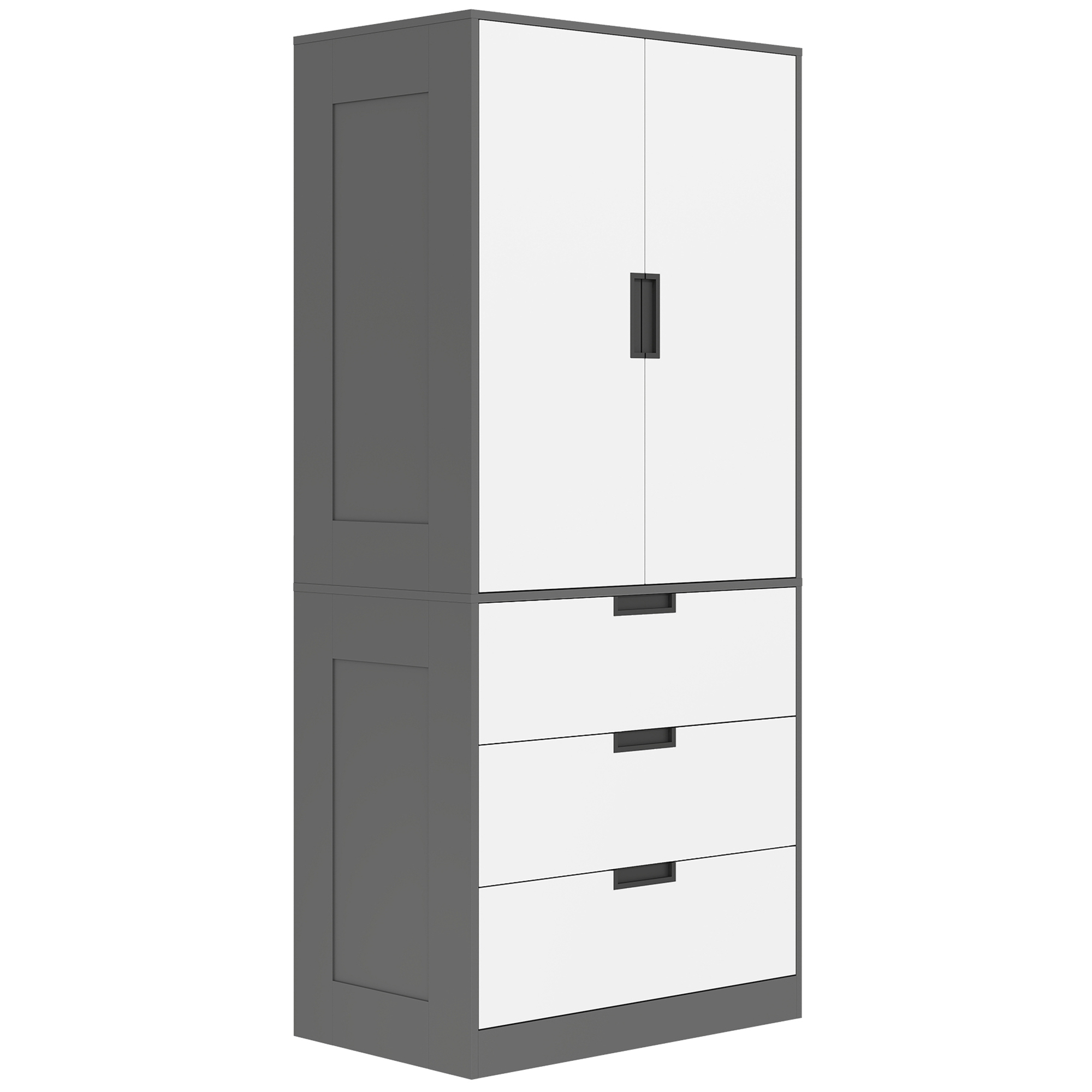 HOMCOM Armoire chambre penderie avec 2 portes à fermeture douce, 3 tiroirs et barre de suspension, 80x50x180cm, gris et blanc