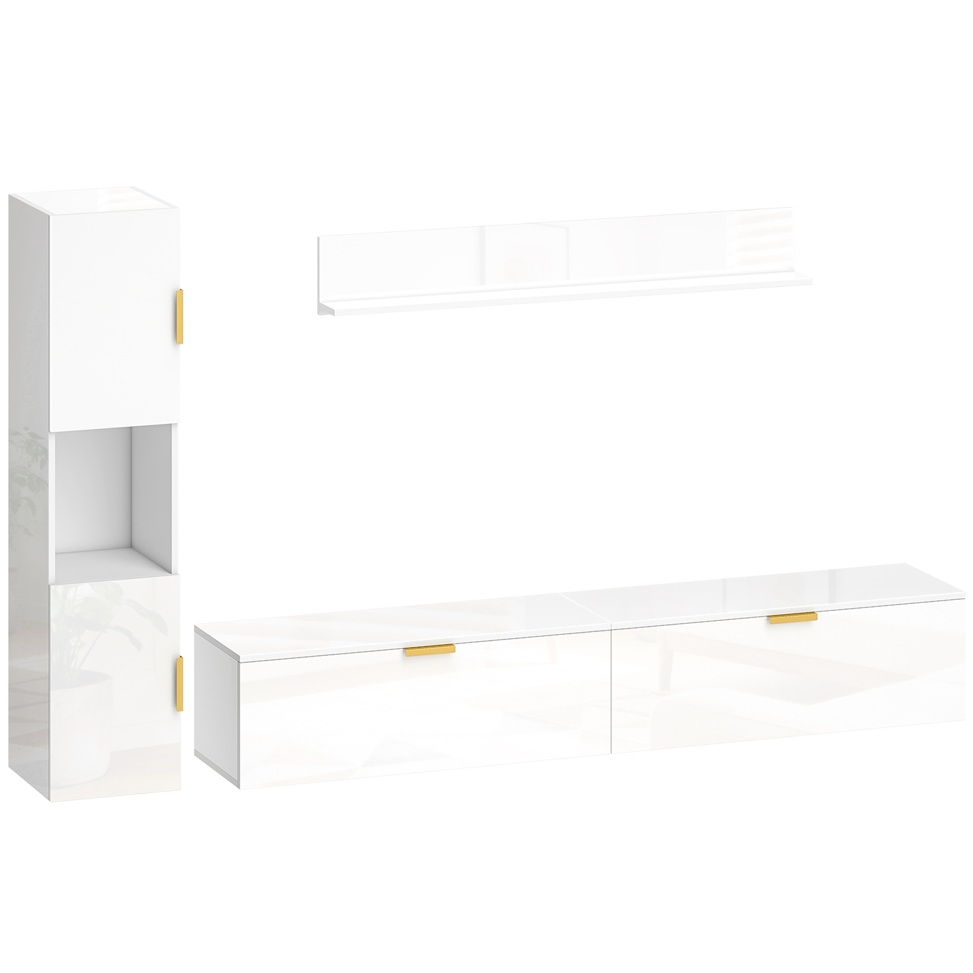 HOMCOM Wohnwand Wohnzimmer mit Wandregal und Aufbewahrungsschrank, 3-teiliges TV Set, Fernsehschrank Fernsehtisch mit Klapptüren, für Fernseher bis 55", Hochglanzweiß Aosom