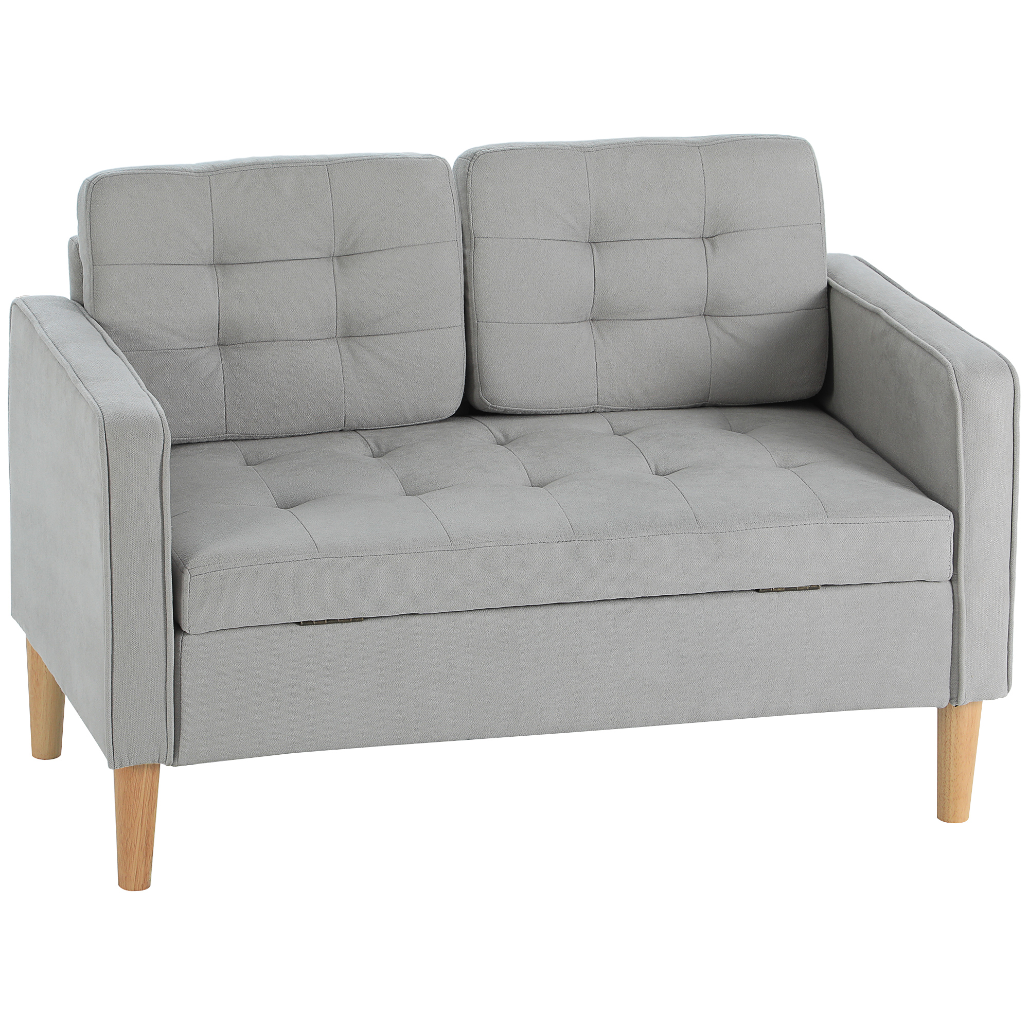 HOMCOM Sofá de 2 Plazas con Espacio de Almacenamiento Patas de Madera Respaldo Capitoné 117x62x78 cm Gris Claro