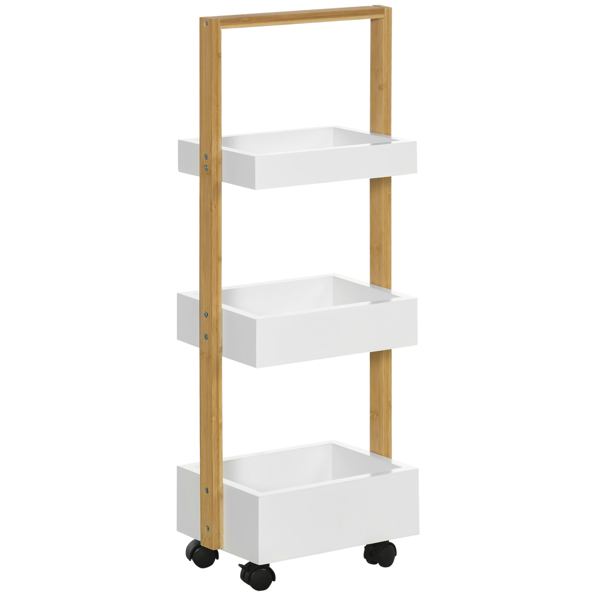 HOMCOM Carrito de Baño con Ruedas y 3 Cestas Carrito Auxiliar Multifuncional de Madera de Bambú 28x18x75 cm Blanco | Aosom España
