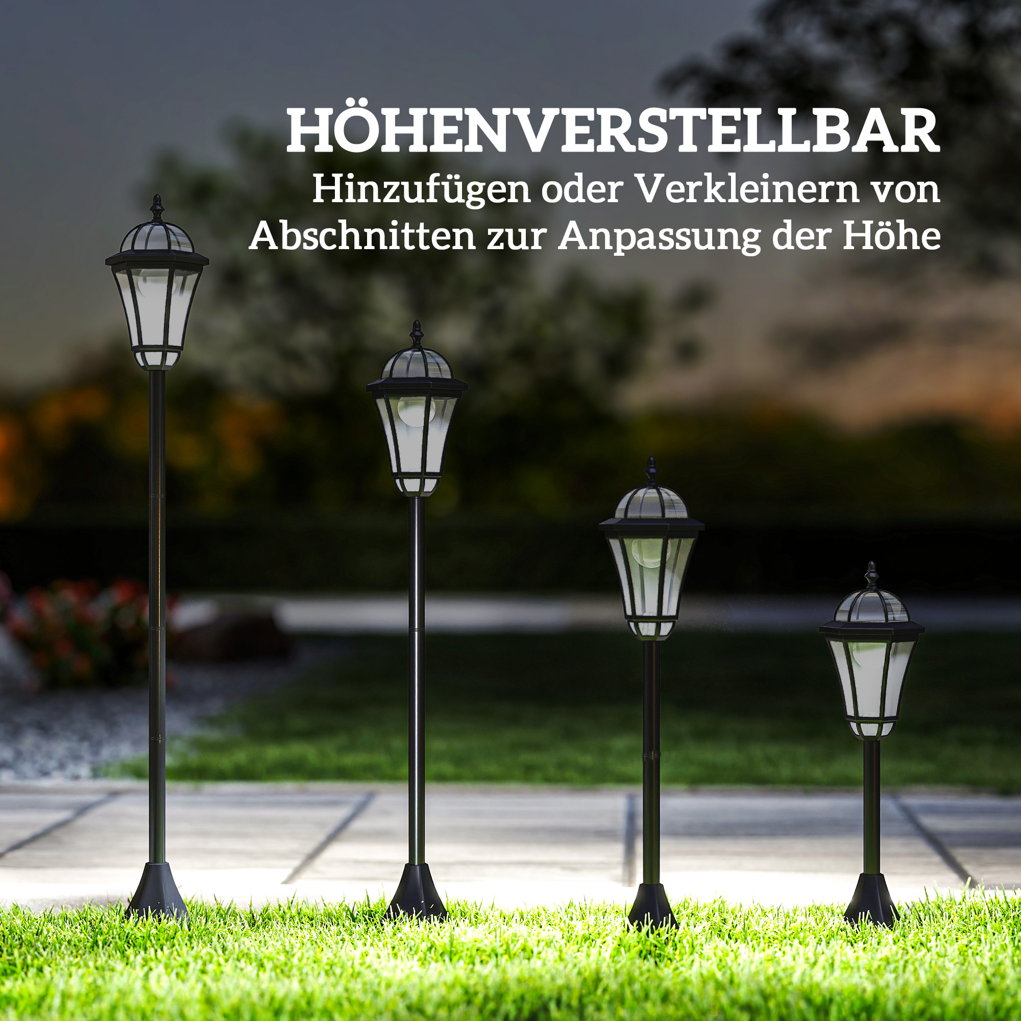 Päikeseenergial töötav aialatern, 2 tk komplekt, ilmastikukindel teevalgusti, 129 cm kõrge, LED-valgustusega, 6 tundi valgustust, IP44, päikeseenergial töötav õues kasutatav lamp, must