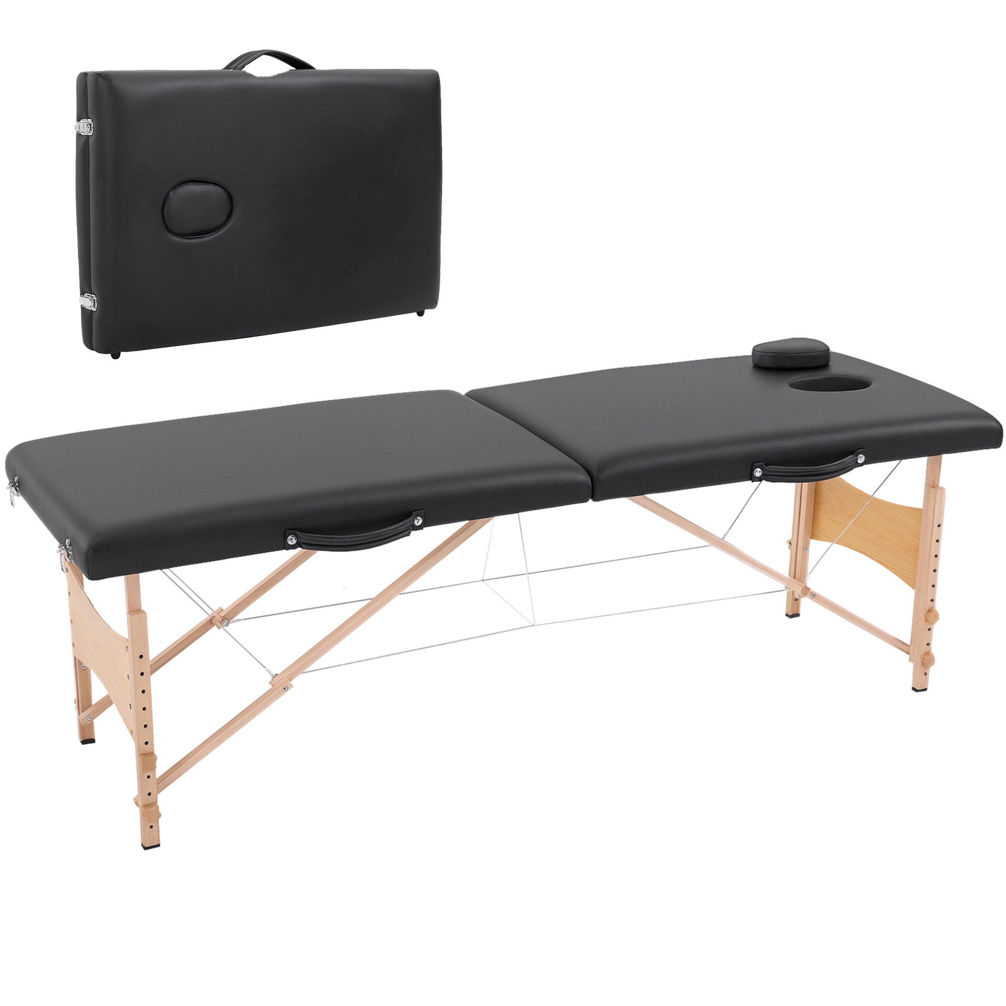 HOMCOM Camilla de Masaje Plegable Madera con Altura Regulable Bolsa de Transporte Incluida 186x60x58-81 cm Negro | Aosom España
