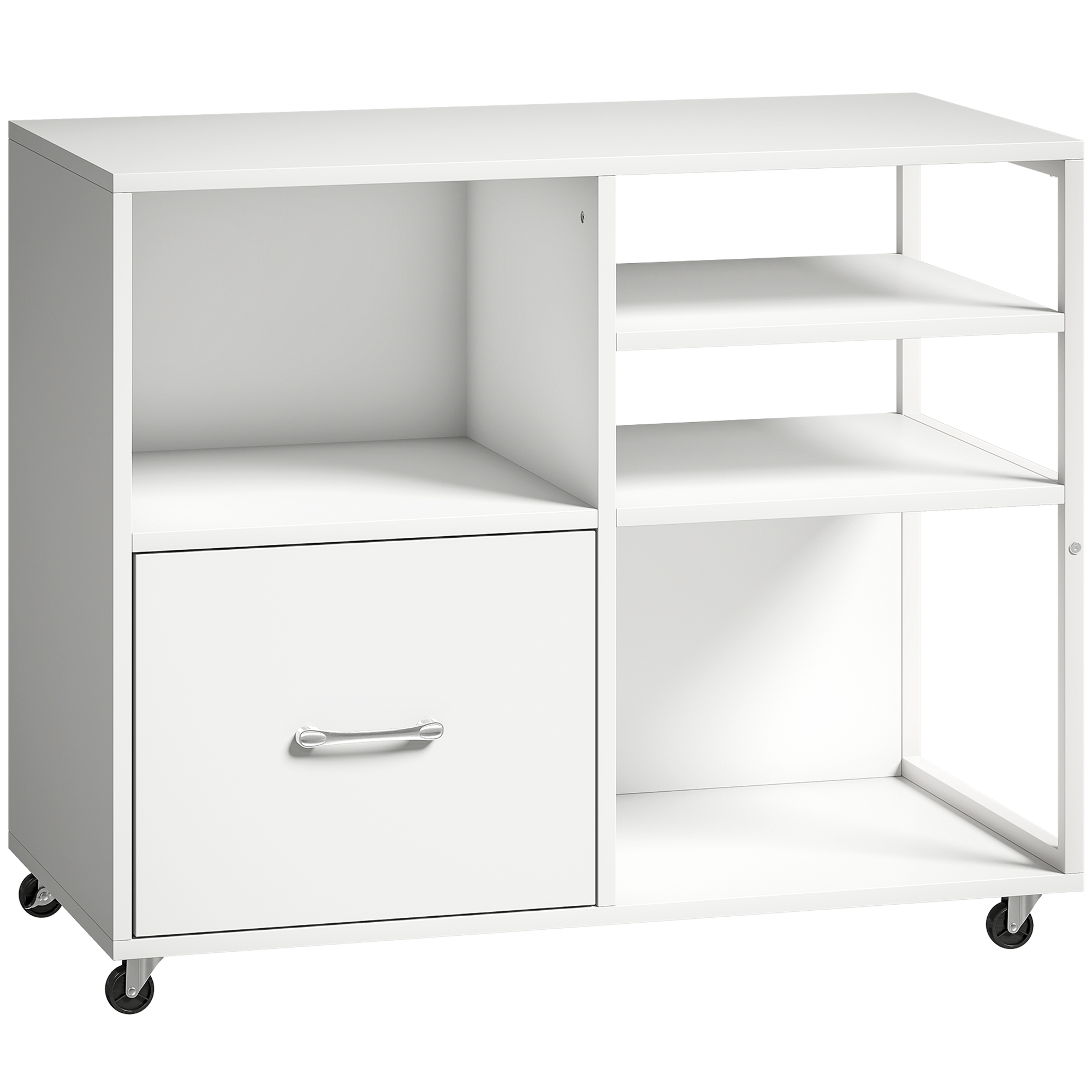 HOMCOM Mueble para Impresora con Ruedas Mesa para Impresora con Estantes Abiertos y Cajón para Documentos Tamaño A4 Blanco