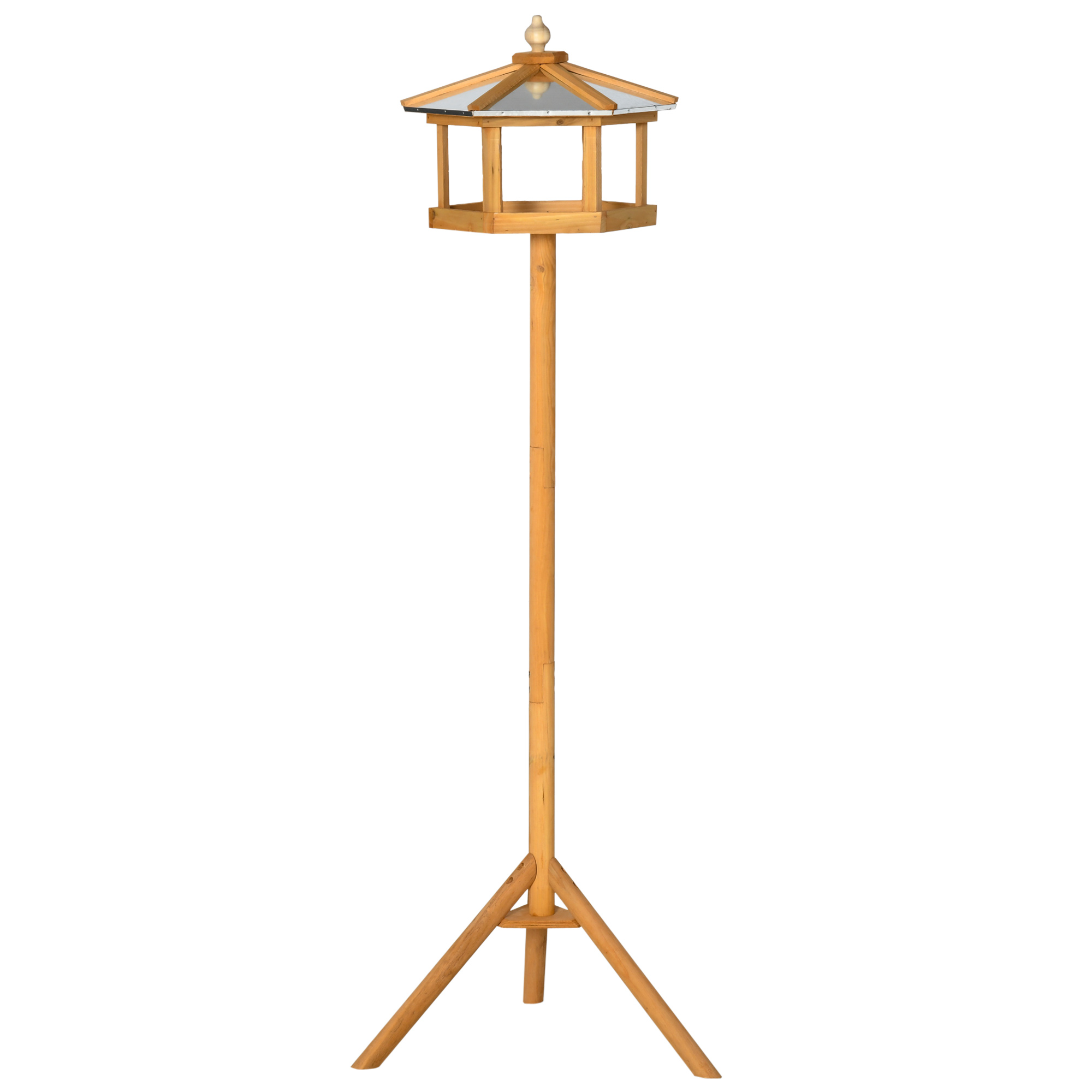 PawHut Casa para pájaros con soporte, comedero de madera con plataforma y techo metálico inclinado Ø57,7 x 153H cm, madera natural