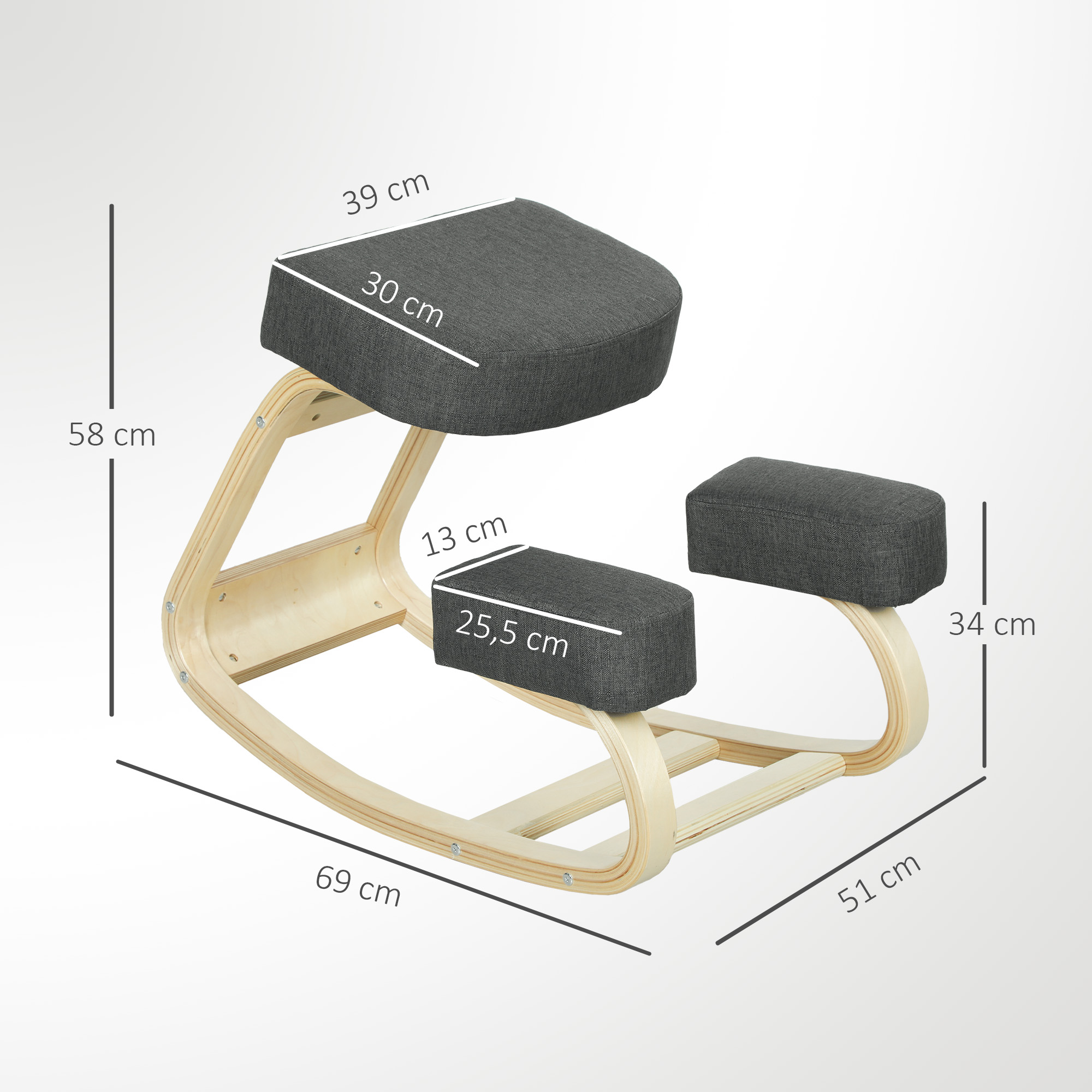 Põlvitustooli, ergonoomiline taburet, polsterdatud taburet tervisliku rühi jaoks, kasepuit, kandevõime 120 kg, tumehall