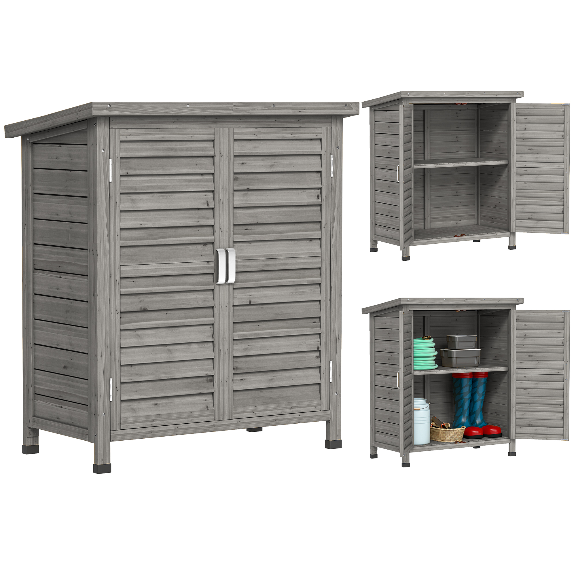 Outsunny Garden Shed Wooden Garden Storage Shed 2 Door Unit Solid Fir Wood Garage Tool Organisation Cabinet, 87L x 46.5W x 96.5Hcm, Grey Aosom UK