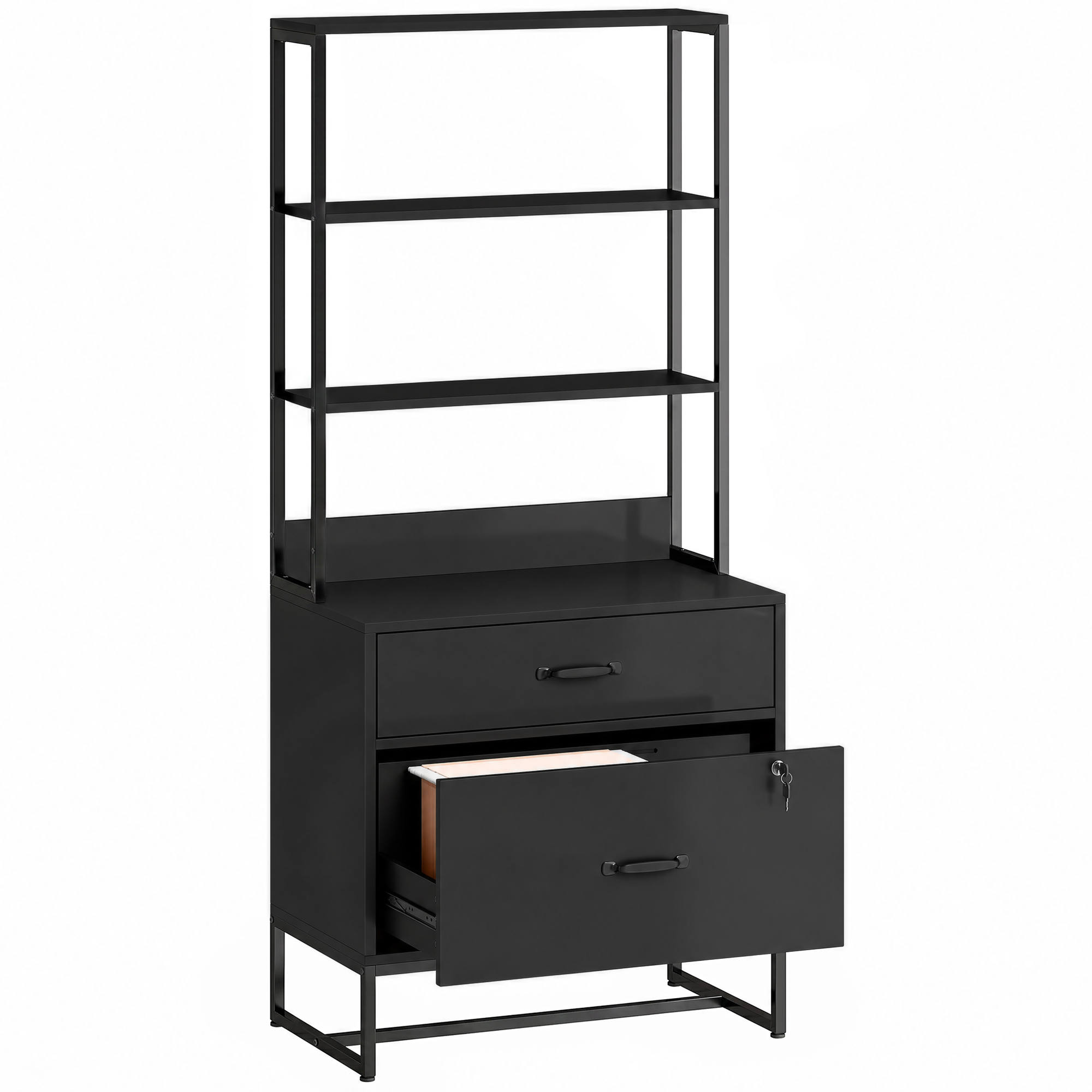 HOMCOM Aktenschrank Abschließbar Büroschrank Metall Aufbewahrungsschrank mit 2 Schubladen, 3 Offenen Ablagefächern Mehrzweckschrank für Arbeitszimmer, Büro, Garage, 70 x 40 x 157 cm, Schwarz Aosom