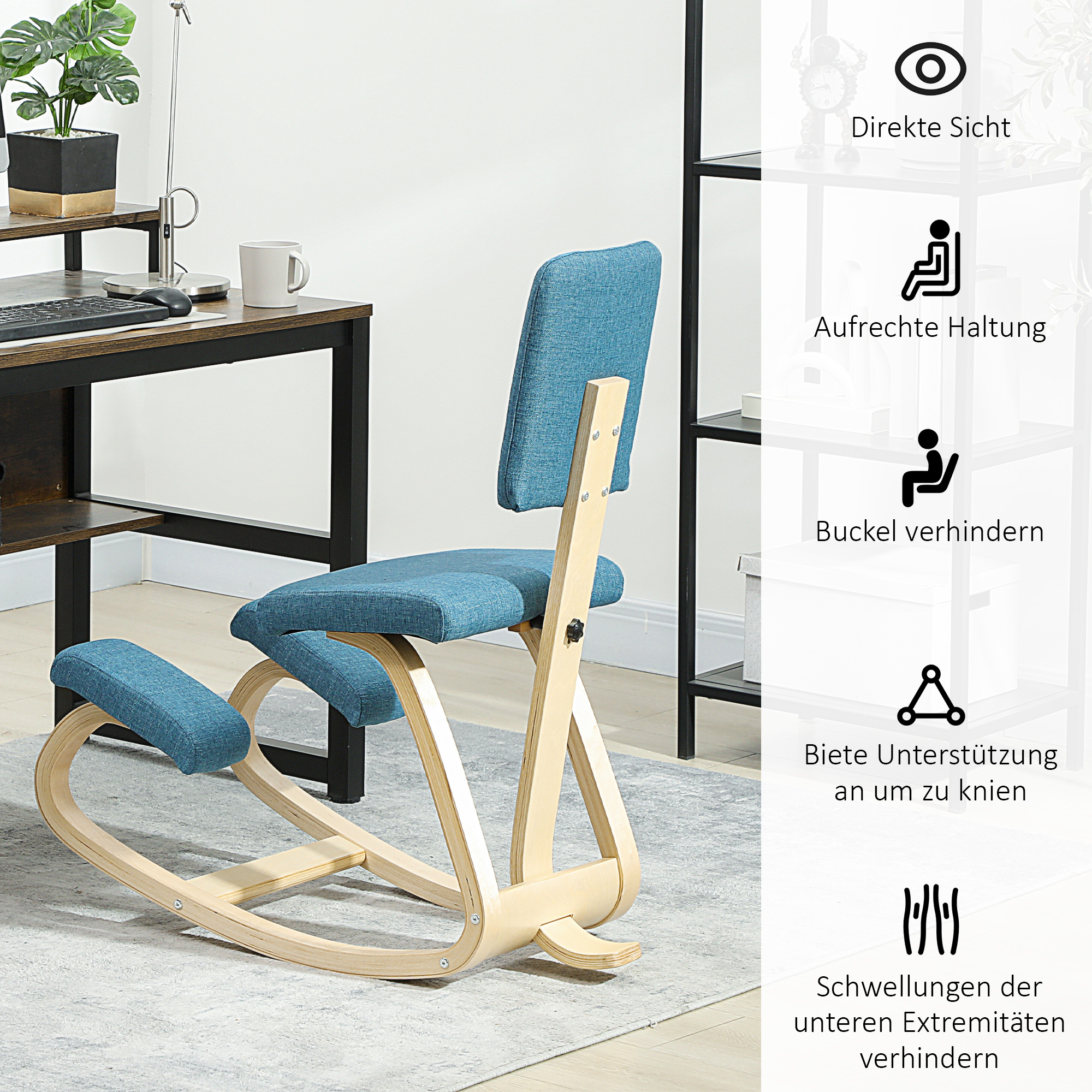 Ergonoomiline põlvitustool, põlvitaba, tervisetool koju, kontorisse, meditatsiooniks, tumesinine