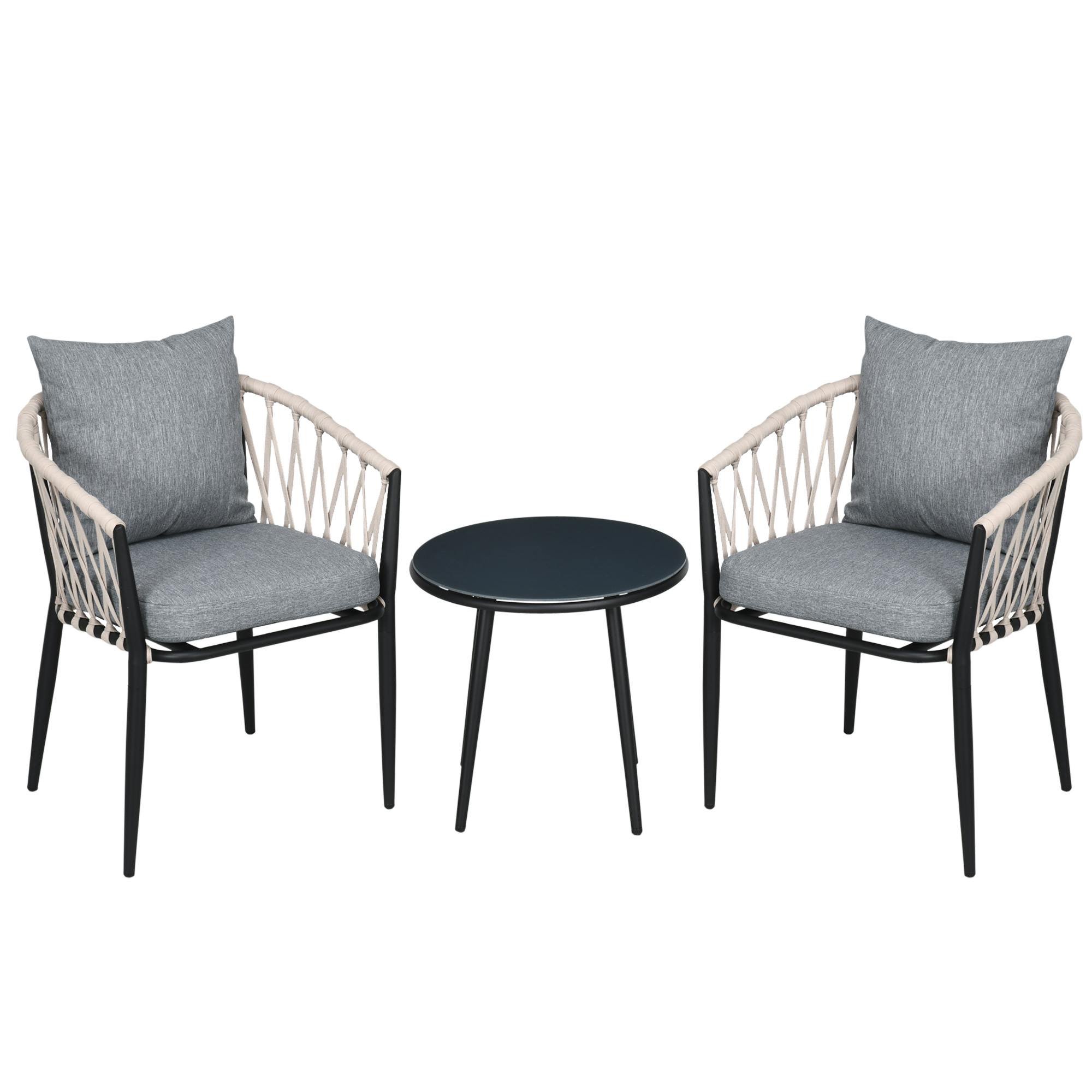 Tisch, 2 Stühle mit Sitzkissen, Balkon-Set, Stahl, Grau Aosom