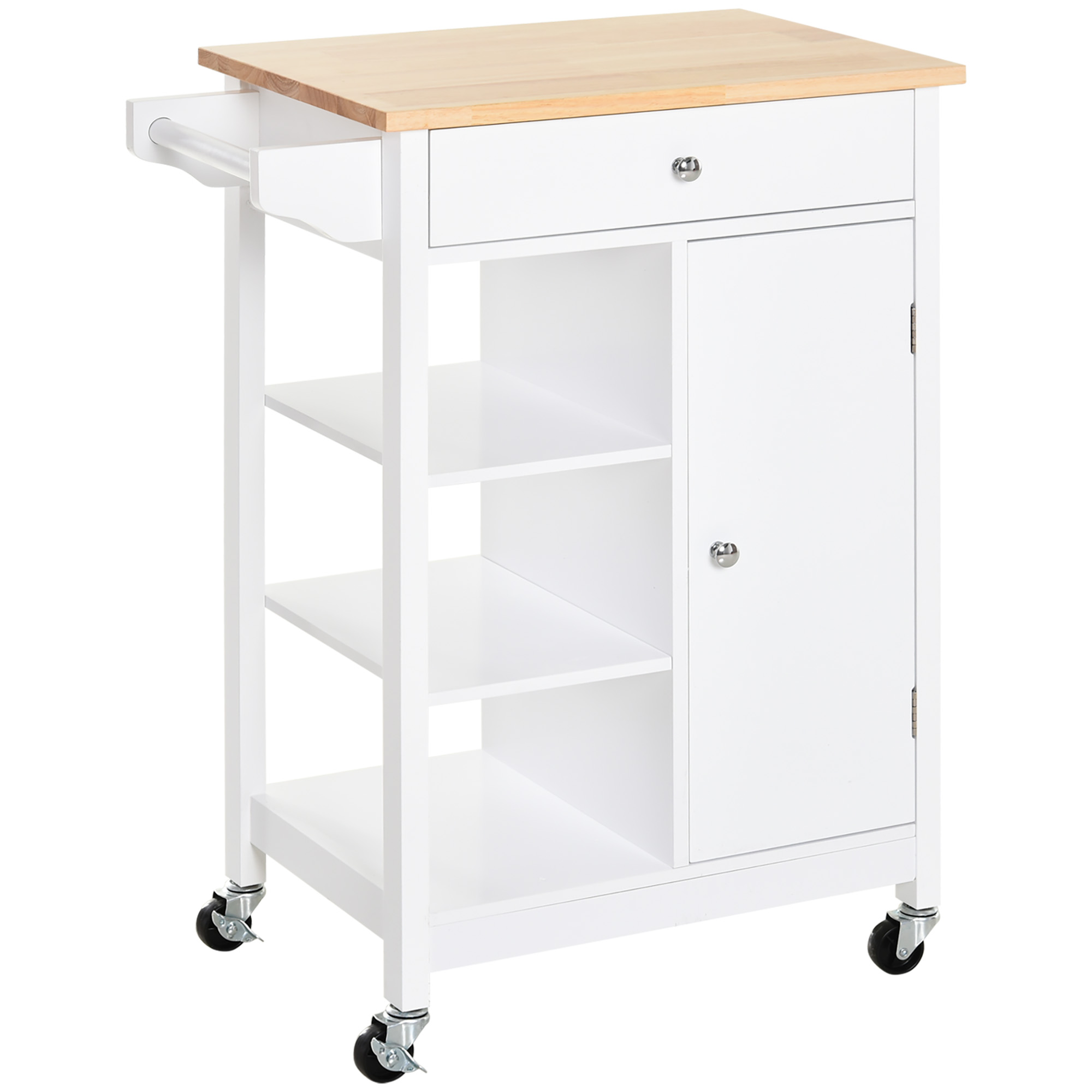 HOMCOM Desserte de cuisine à roulettes avec placard, tiroir, 3 étagères ouvertes et porte-serviettes, 66x39,5x86,5cm, blanc