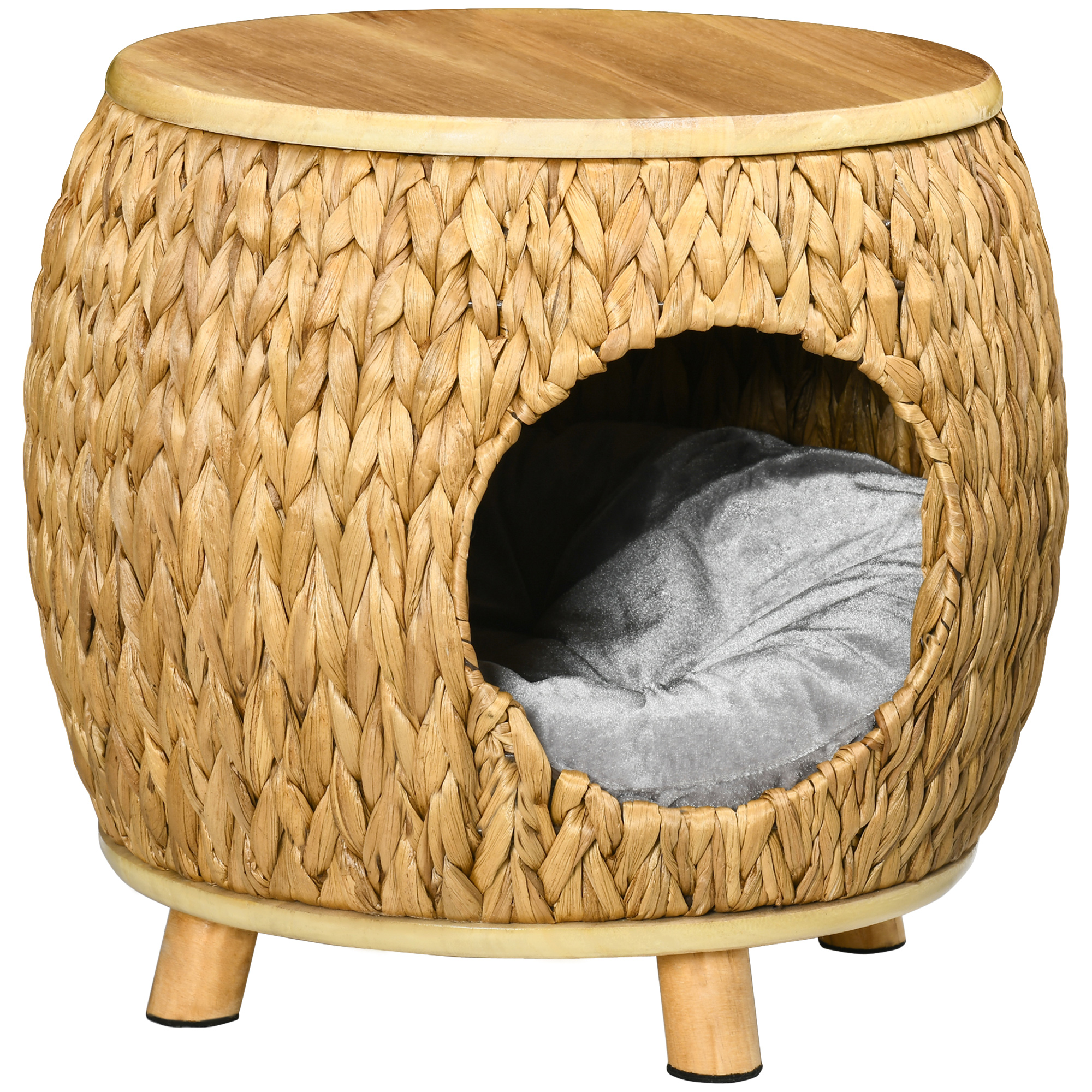 PAWHUT Katzenhöhle Rattan 2-in-1 Katzenkorb mit Kissen Haustierbett aus Wasserhyazinthengras und Paulownia Holz, hellbraun und grau, 44 x 43 x 42 cm   Aosom.de