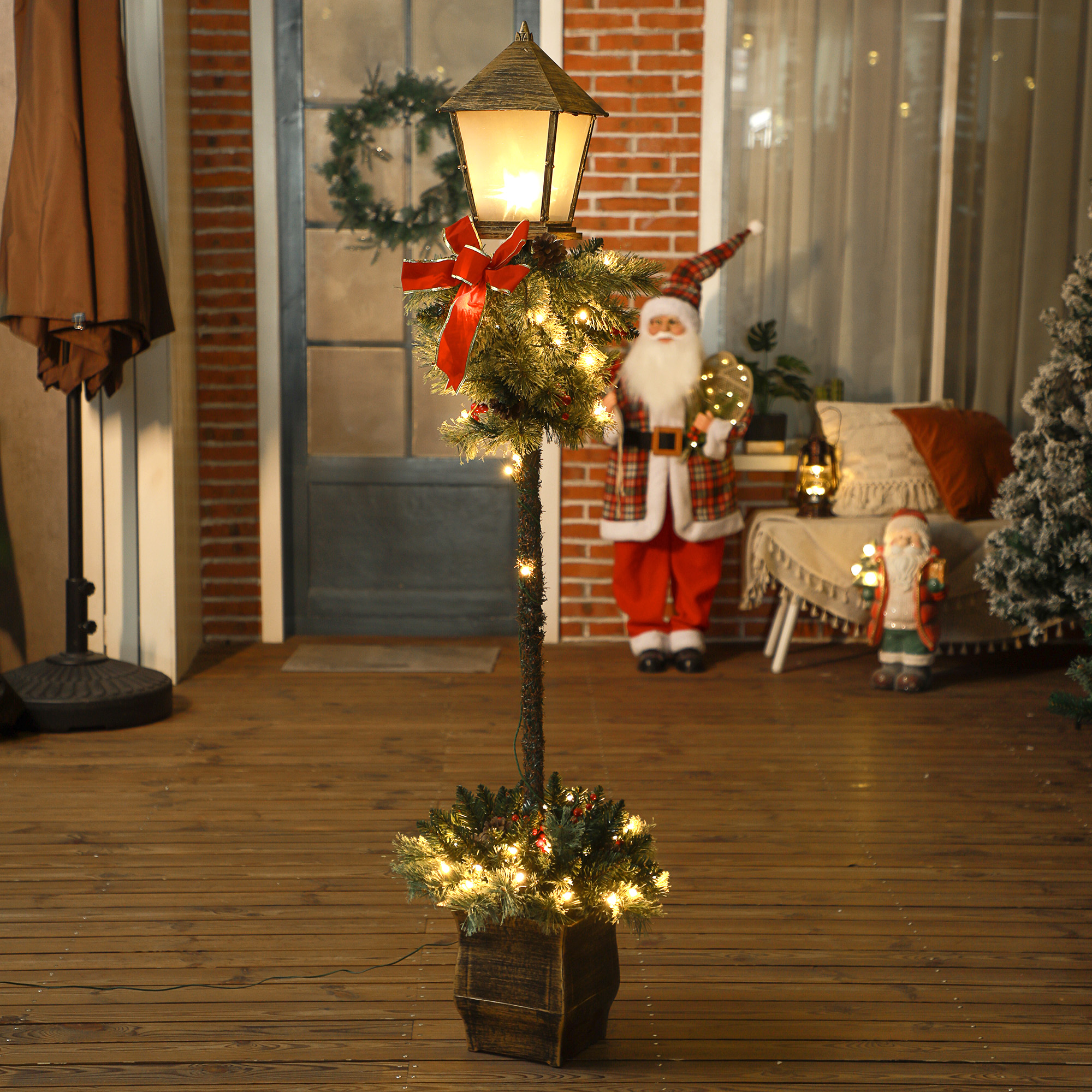 Jõululatern marjade, käbide ja kaarega, LED-tuled, metallpost, 150 cm