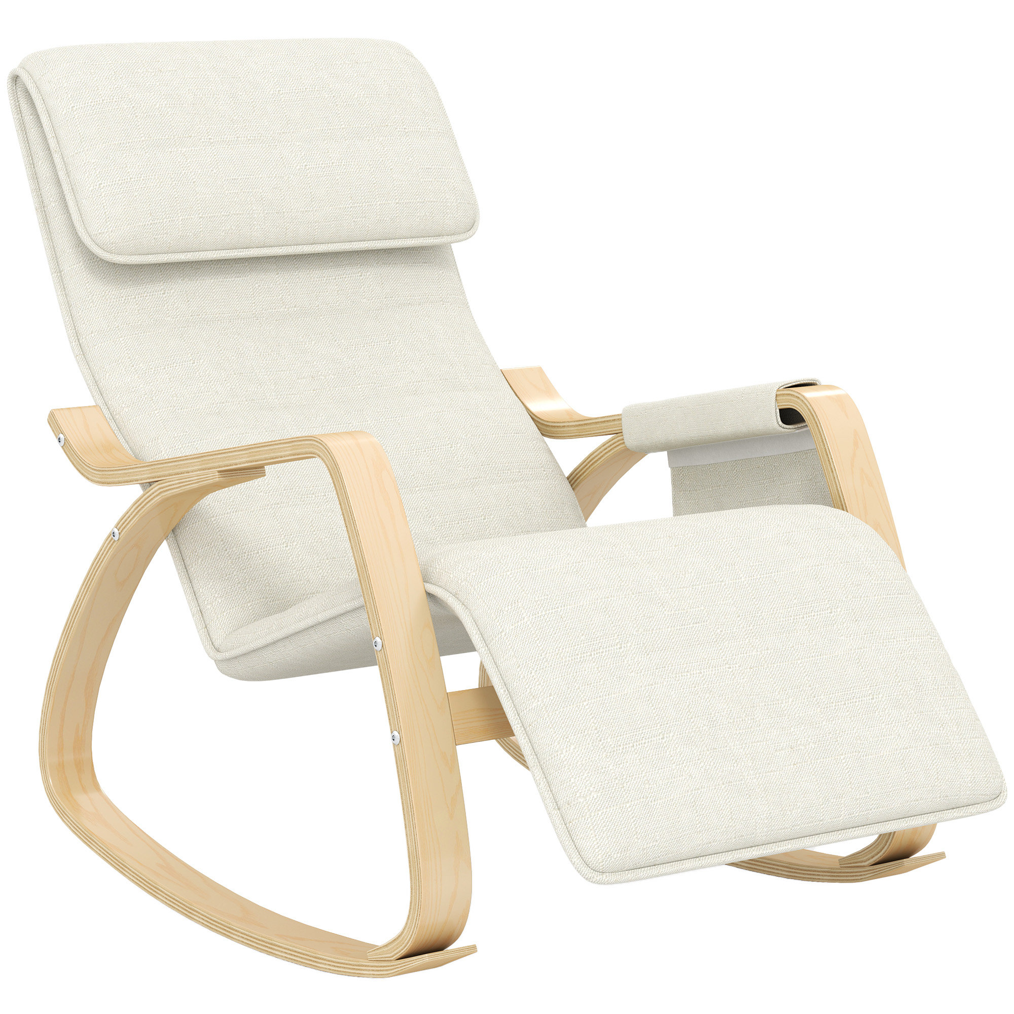 HOMCOM Silla Mecedora con Reposapiés Ajustable en 5 Posiciones Bolsillo Lateral Reposabrazos de Madera Reposacabezas Crema