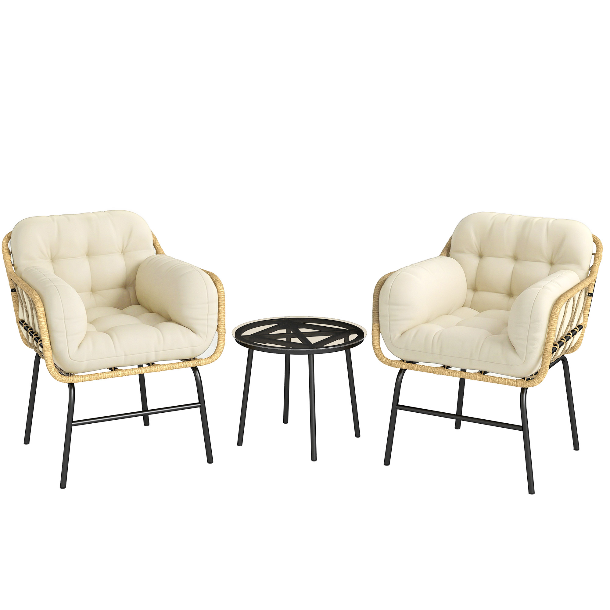 Outsunny Salon de Jardin Extérieur 3 Pièces en Résine Tressée, Table en Verre Trempé, 2 Fauteuils avec Coussins, 62x73x79cm, Kaki
