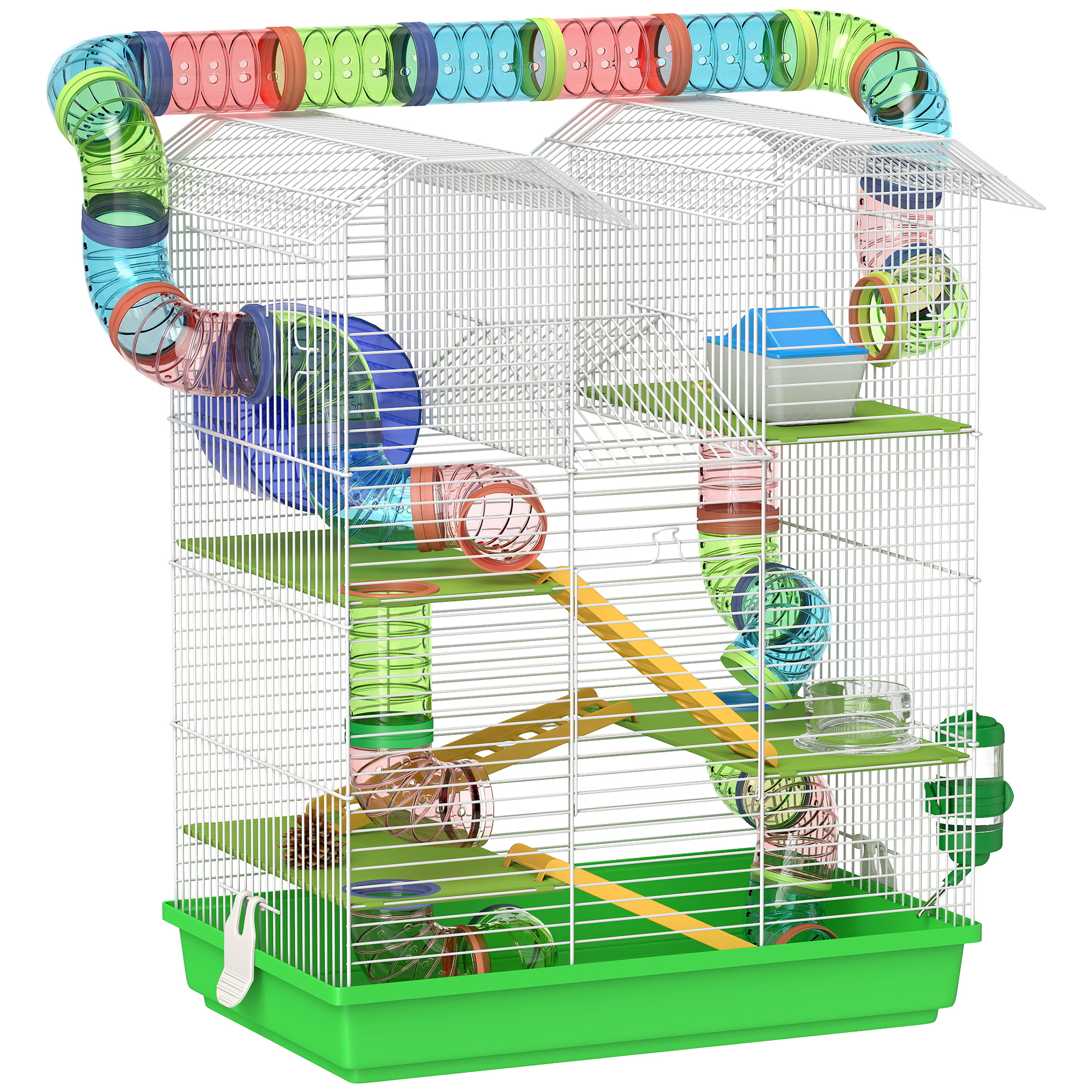 PawHut Jaula para Hámster de 5 Niveles 47x30x59 cm con Túnel Comedero Bebedero Casita Rueda de Ejercicio Escaleras Verde |Aosom España