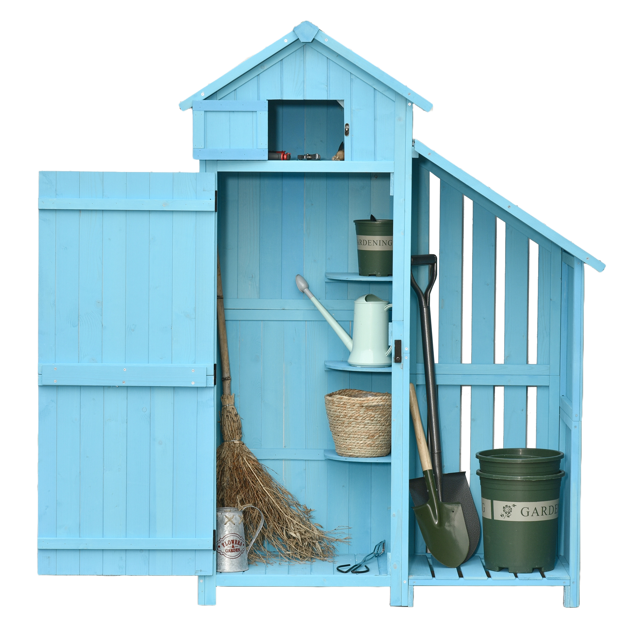Outsunny Armoire abri de Jardin Remise pour Outils 3 étagères 2 Portes loquets + Range-bûches Toit Pente bitumé Bois Sapin traité Bleu
