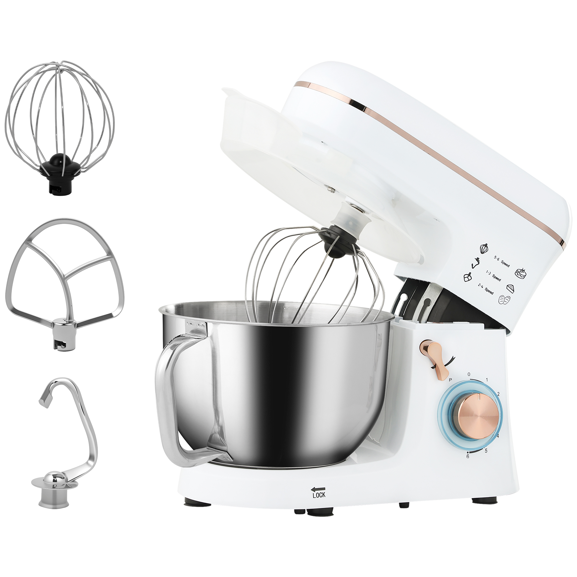 HOMCOM Stand Mixer, 5L Food Mixer for Baking, 6 Speeds and Pulse Setting, 1400W Cake Electric Kitchen Mixer with Dough Hook, Whisk, Stainless Steel Bowl, Splash Guard, Beater, White