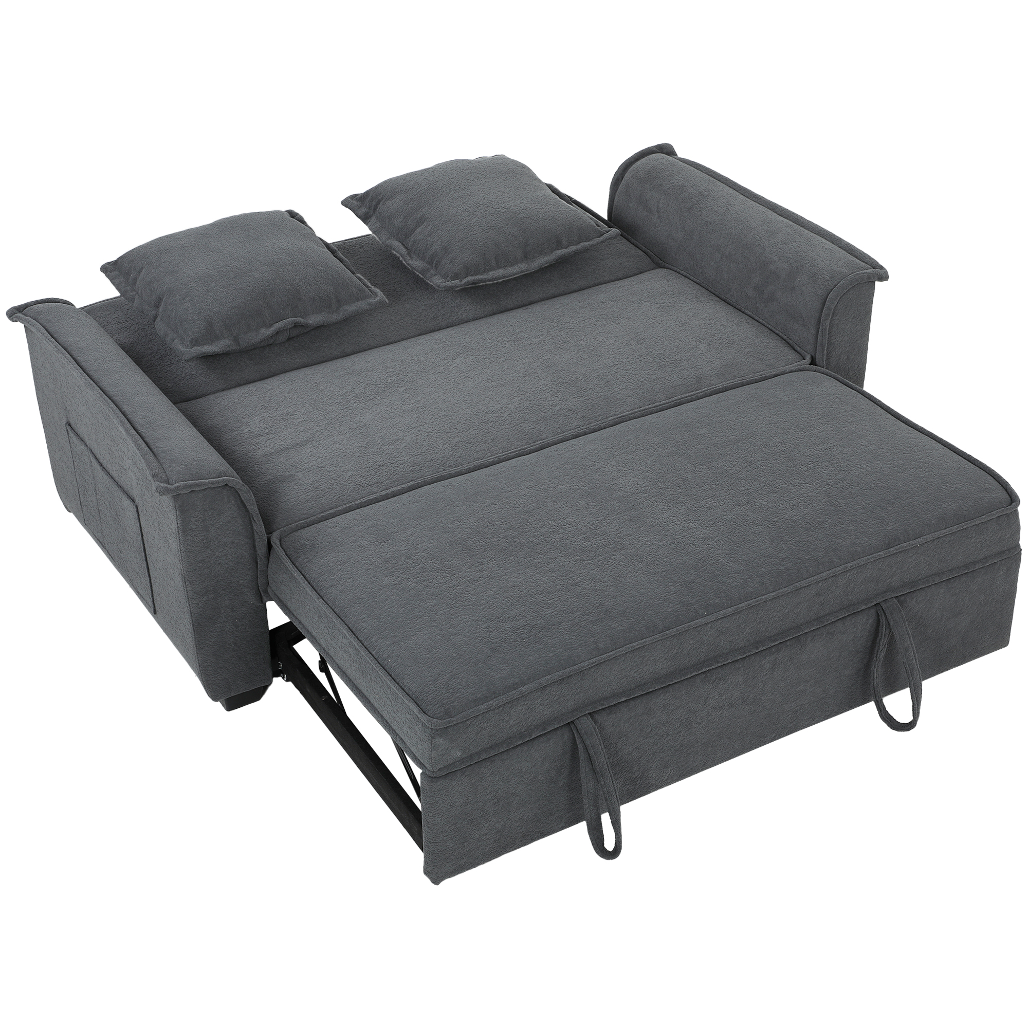 HOMCOM Schlafsofa 135 x 181cm 2-Sitzer Sofa mit Schlaffunktion 3-in-1 Ausziehbar Schlafcouch mit Verstellbarer Rückenlehne, Seitentaschen, Wurfkissen, Chenille-Optik für Wohnzimmer, Dunkelgrau Aosom