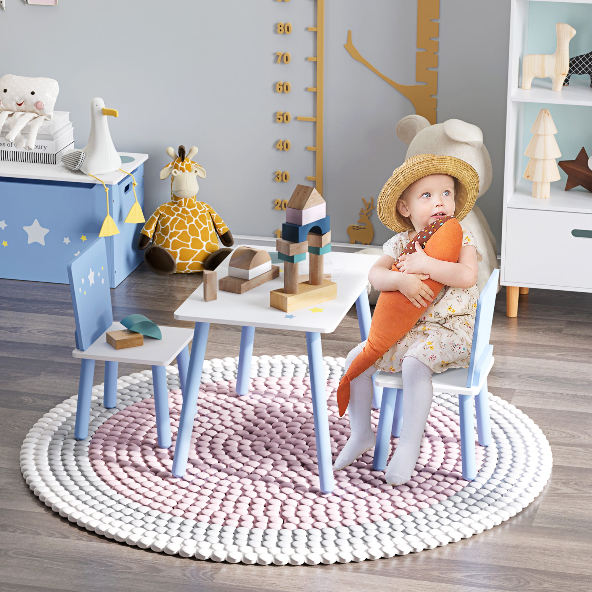 HOMCOM 3-tlg. Kindersitzgruppe mit Kindertisch Kinderstuhl Kindermöbel aus Holz Sitzgruppe Kinder für Kleinkind Mädchen Junge Holz Blau+Weiß   Aosom