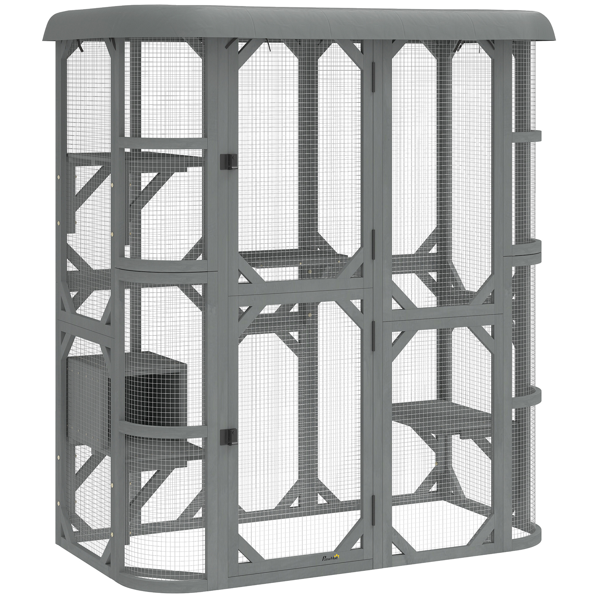 Pawhut Grey Catio Outdoor Cat Enclosure, Wooden Cat House With Platforms, Condo And Waterproof Cover For 2–3 Kittens,