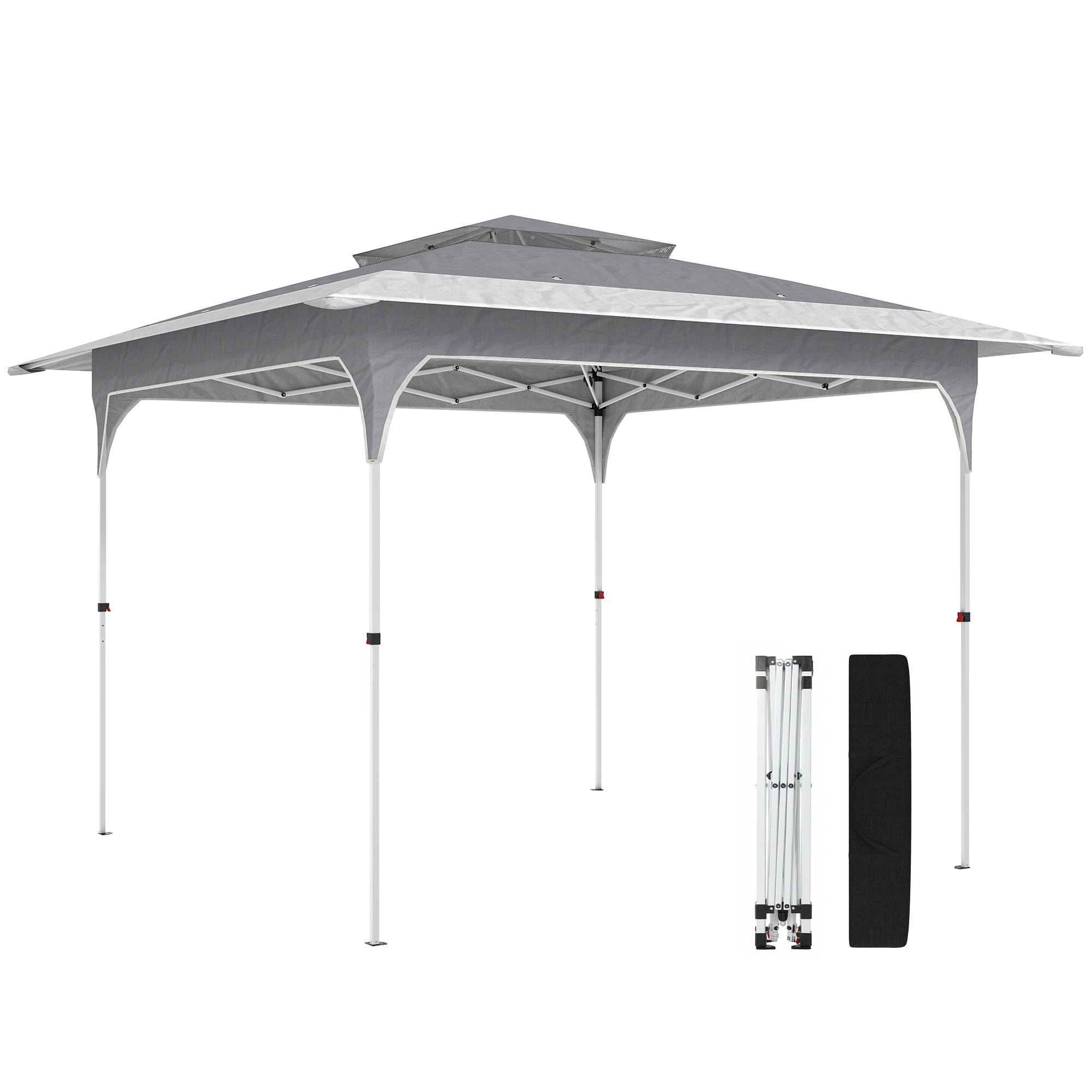 Outsunny Pavillon 3,5 x 3,5 m Wasserdicht Höhenverstellbar Pop-up Faltpavillon mit Ein-Knopf-Aufbau Doppeldach, UV 50+ Faltbar Partyzelt mit Tragetasche Gartenpavillon für Garten Festival Dunkelgrau Aosom