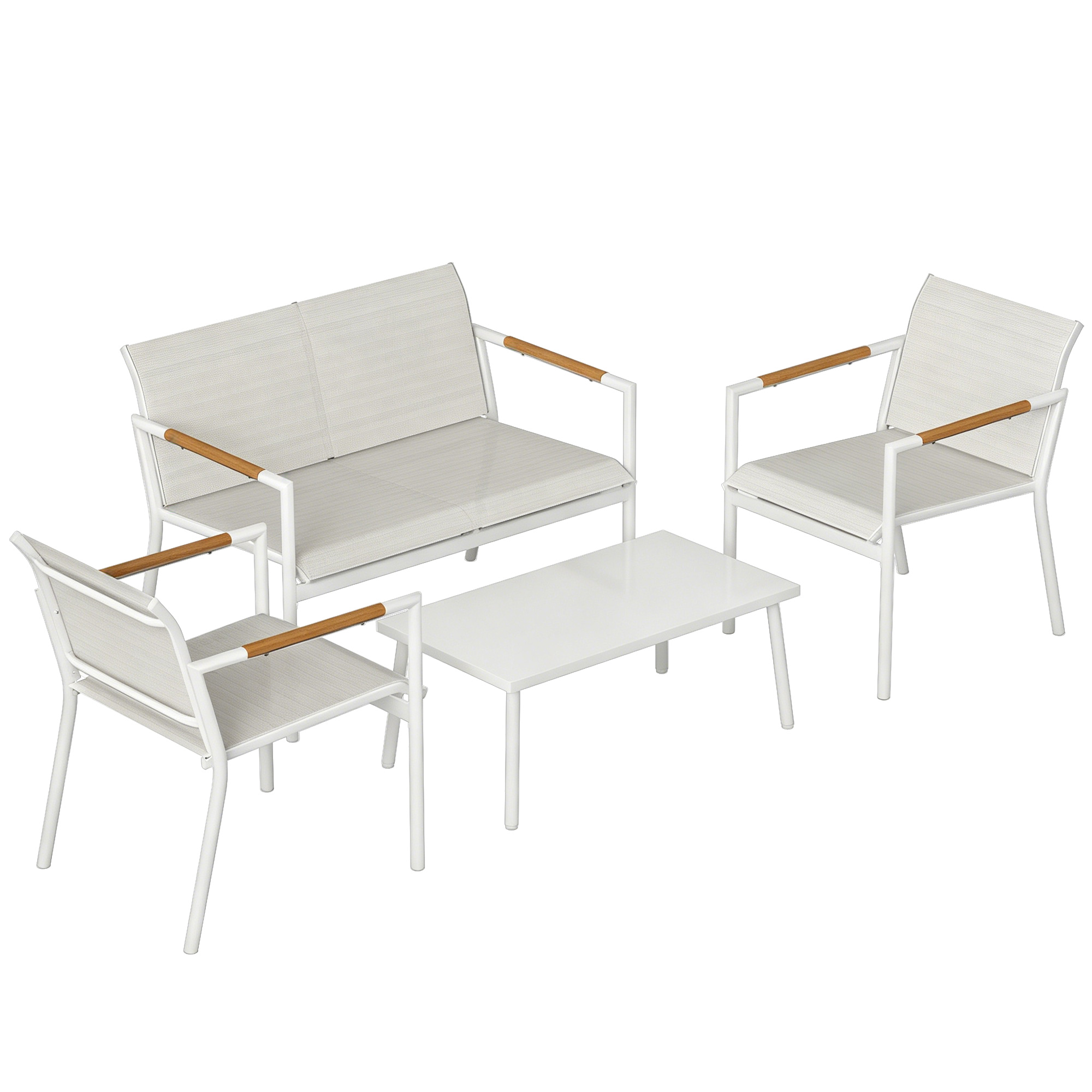 Outsunny Gartenmöbel Set Sitzgruppe für 4 Personen Atmungsaktiv Gartenlounge mit 2er Sofa 2 Sessel Metall-Tisch Fußpads, Wetterfest Outdoor Balkonmöbel Terrassenmöbel für Garten Balkon Cremeweiß Aosom