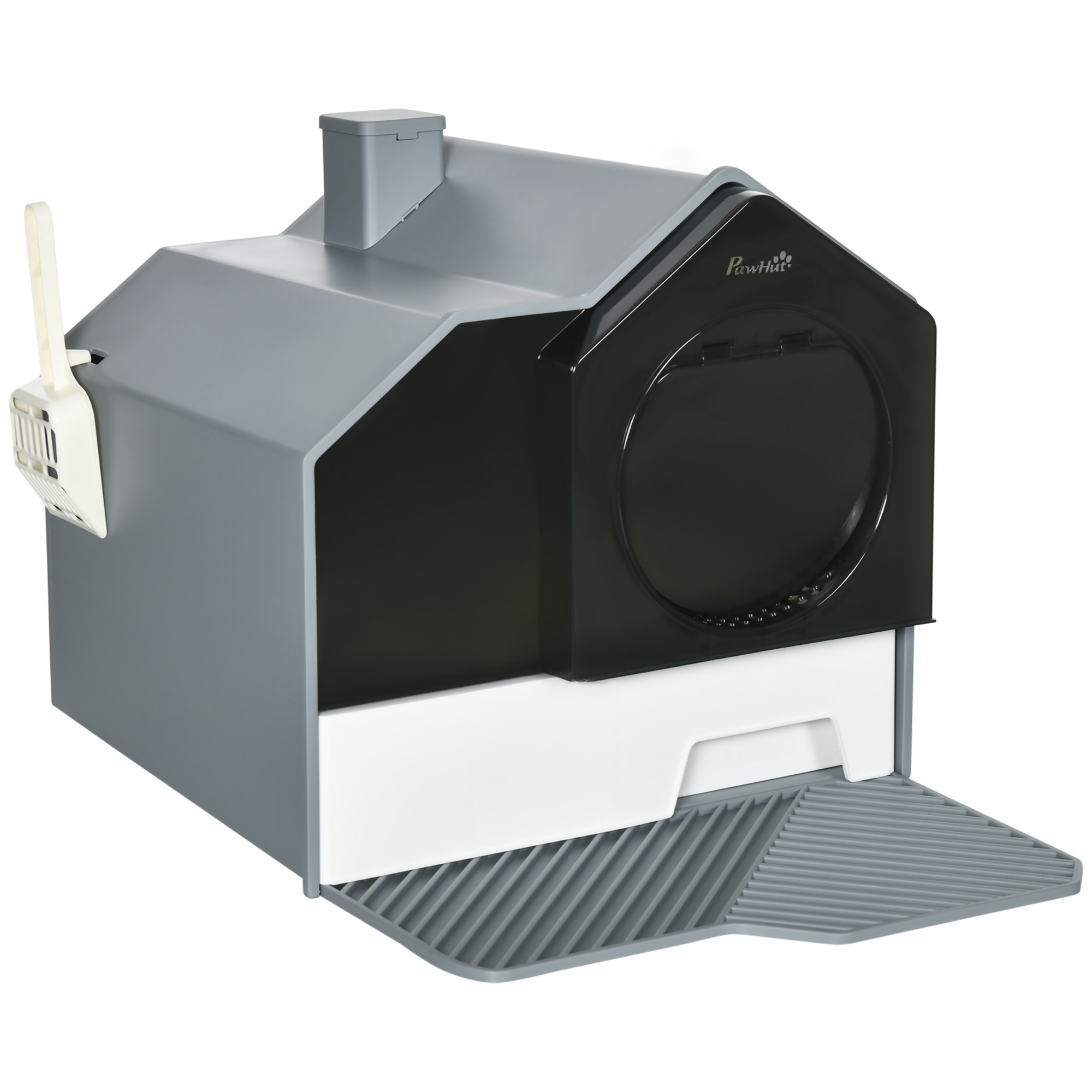 PawHut Maison de toilette bac à litière pour chat design maisonnette avec pelle, filtre et tapis dim. 47L x 45l x 42H cm