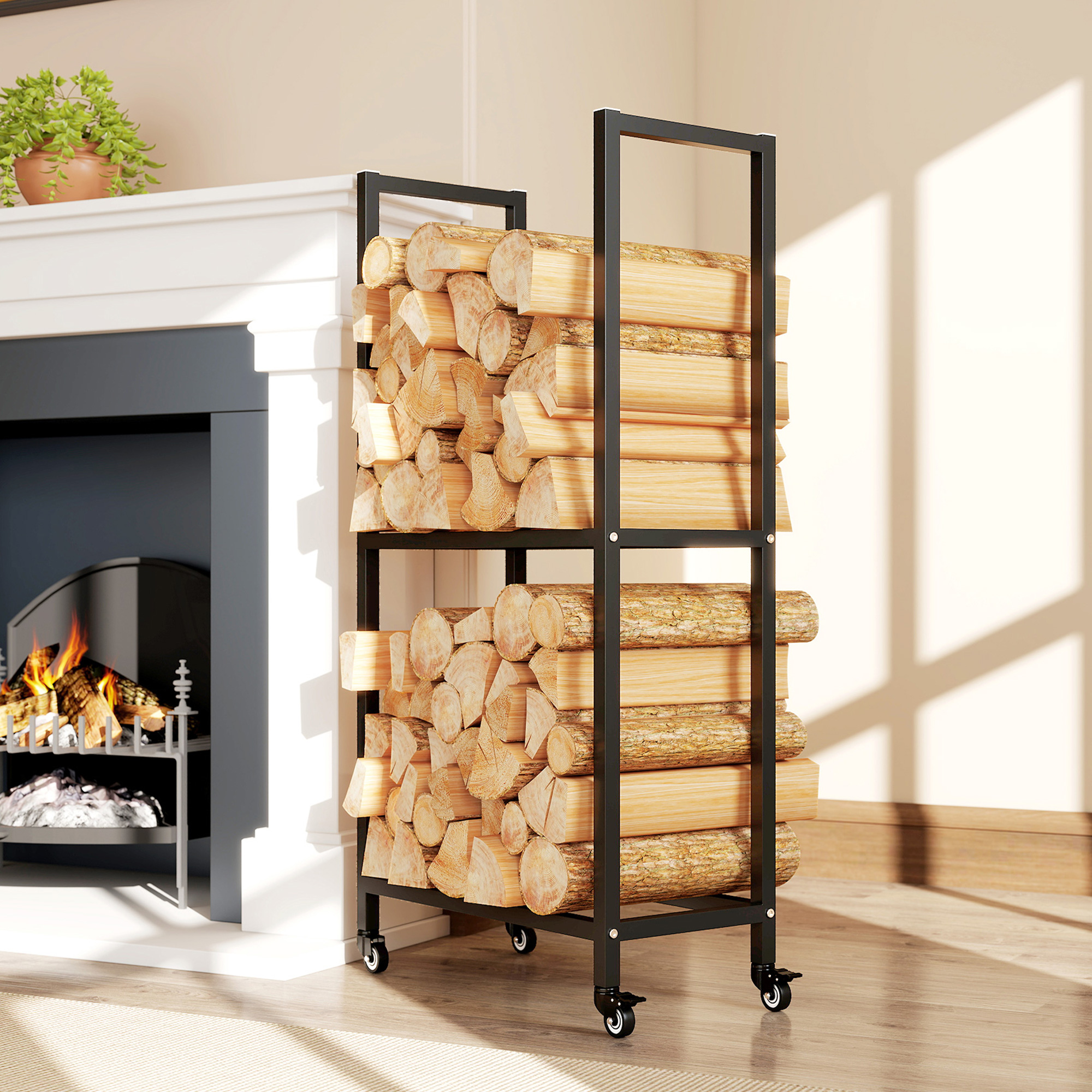 Outsunny Kaminholzregal für innen Stahl 60 x 30 x 119cm 2 Ebenen Brennholzregal mit Rolle, erhöhter Kaminholzständer für Kamin Ofen Kaminholzhalter Holzregal für Feuerholz, Stapelholz, Schwarz   Aosom