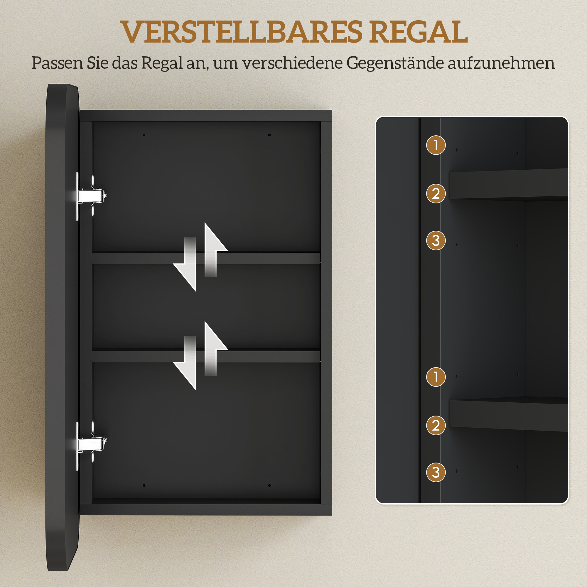 Vannitoa peegelkapp, peegliga vannitoakapp, seinale kinnitatav kapp reguleeritava riiuliga, 40 x 10 x 60 cm, must