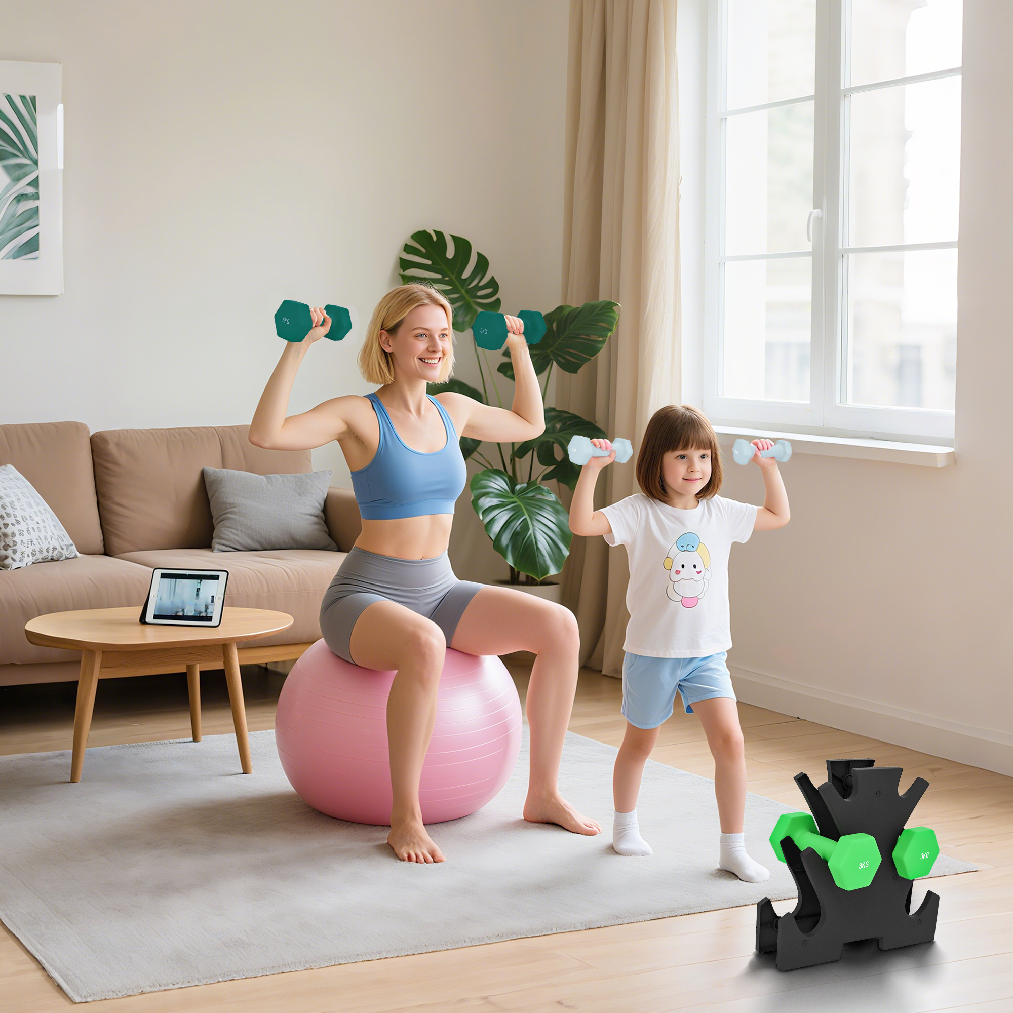 Hantlite komplekt hoiurestiga, 6 hantlit treeninguks, 2 x 1kg, 2 x 3kg, 2 x 5kg